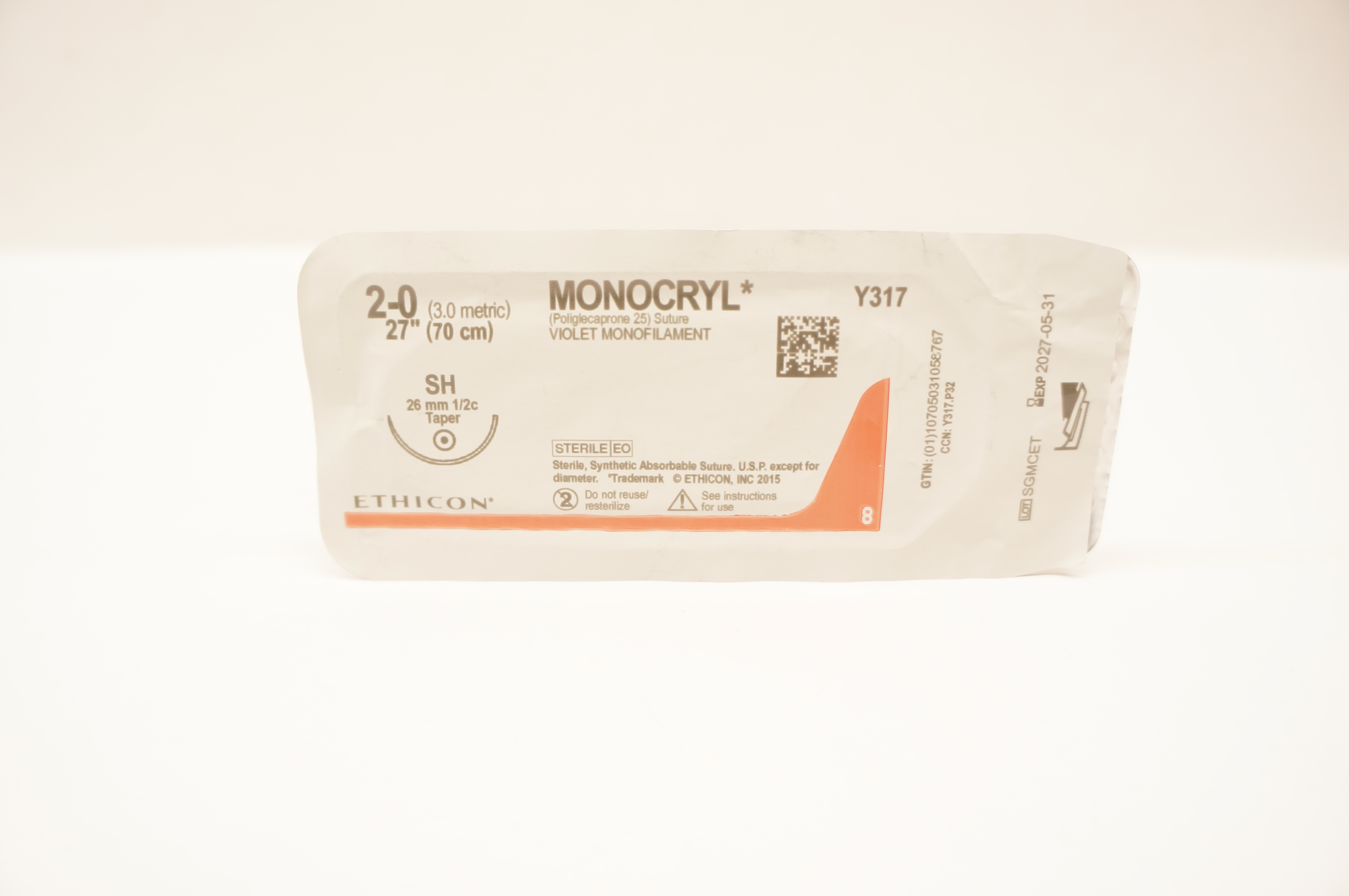 Ethicon Y317 2-0 MONOCRYL Poliglecaprone 25 Stre SH 26mm 1/2c Taper, 27inch