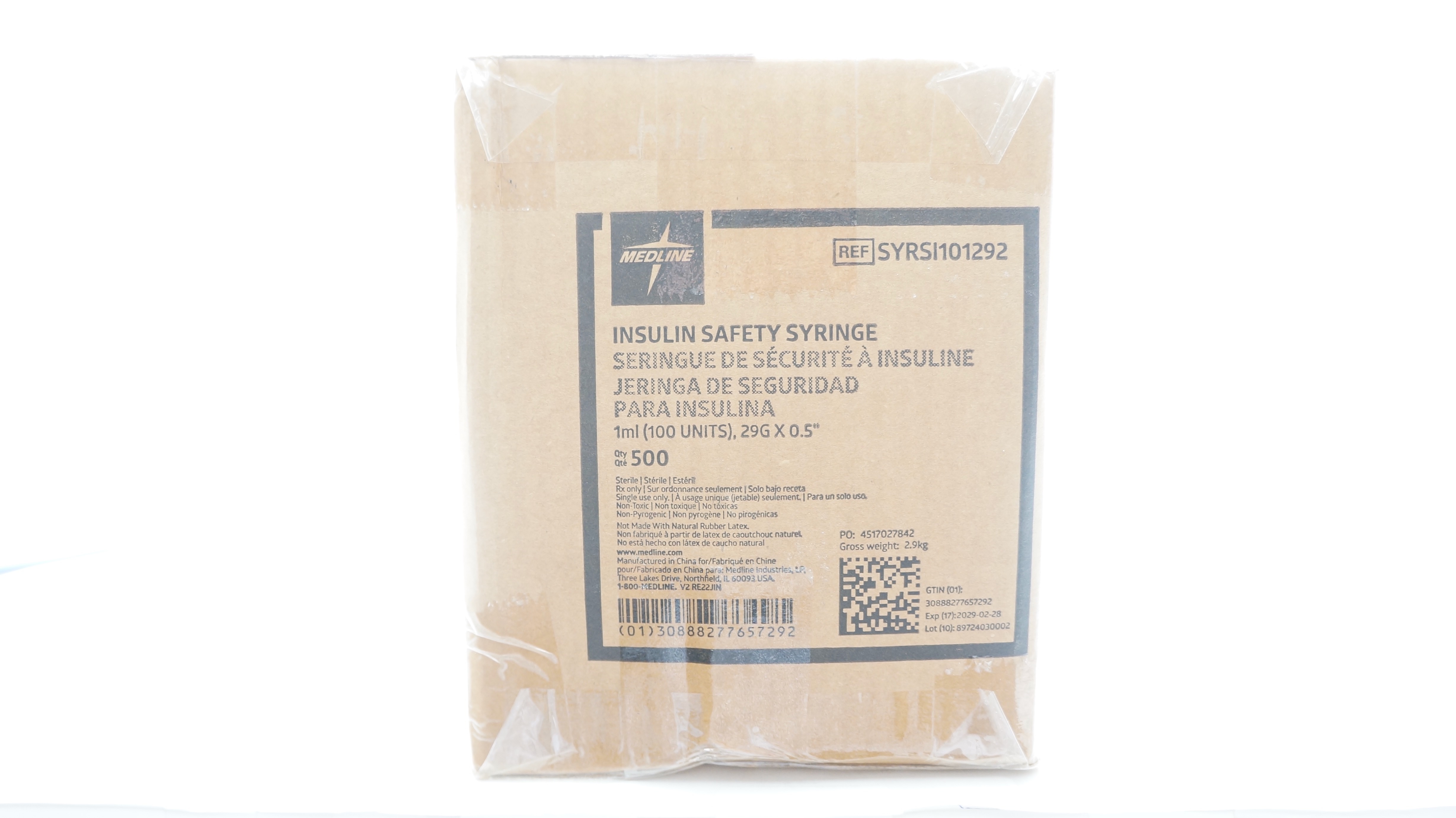 Medline SYRSI101292 Insulin Safety Syringe 1ml 29G x 0.5in - Box of 500