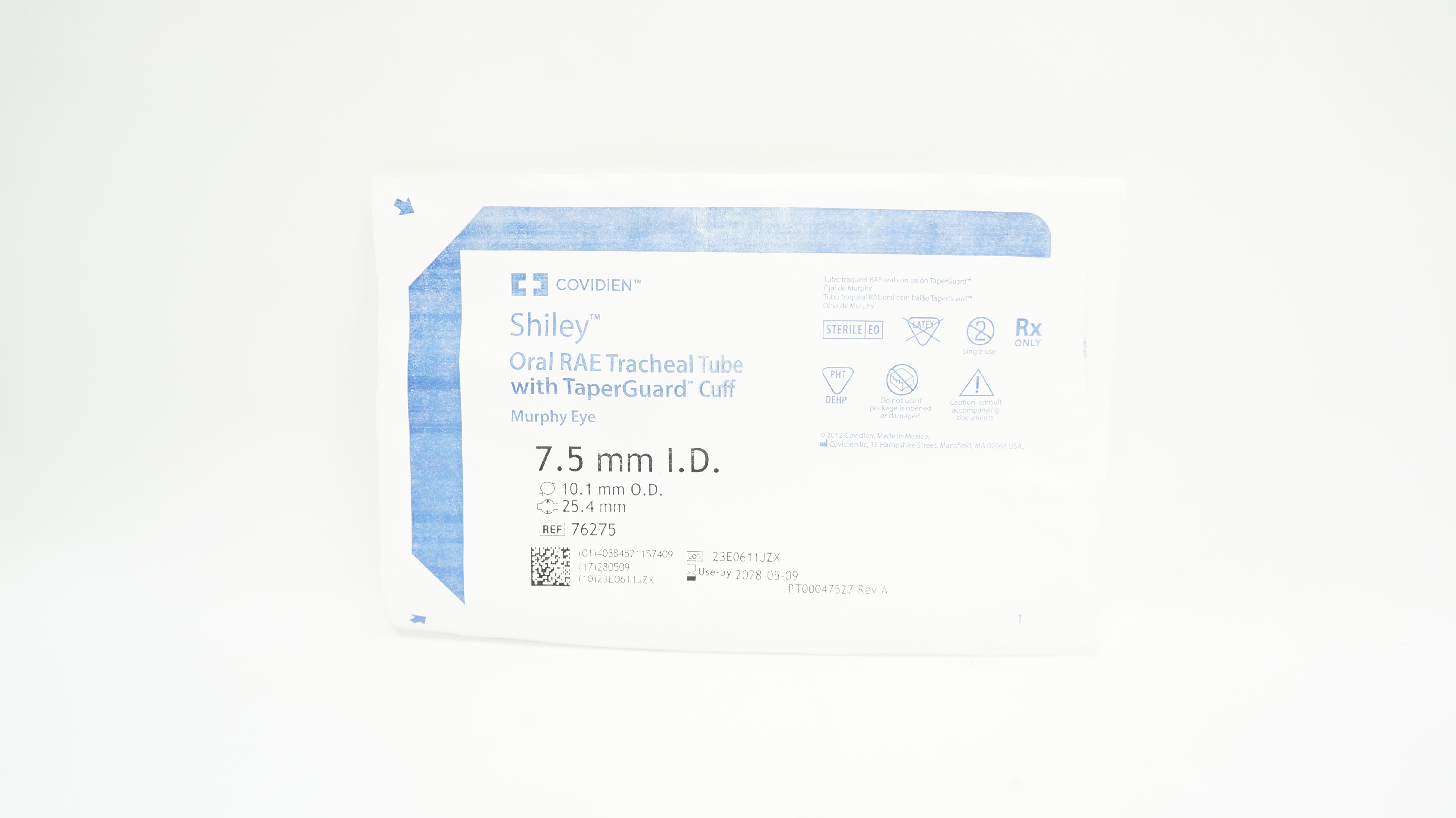 Covidien 76275 Shiley Oral RAE Tracheal Tube w/Cuff 7.5 ID x 10.1 OD x 25.4mm