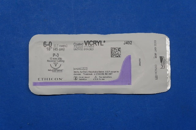 Ethicon J492 6-0 VICRYL, P-3 13mm 3/8c Reverse Cutting, Undyed Braided ...