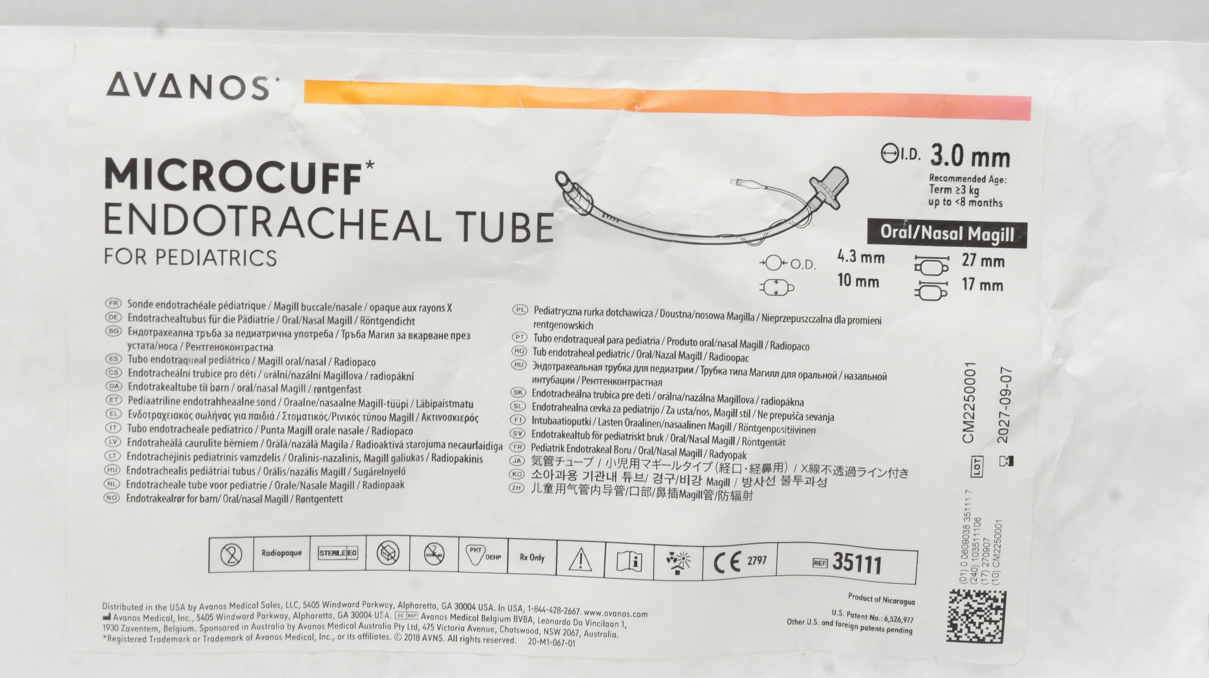 Avanos 35111 Microcuff Pediatric Endotracheal Tube 3.0mm ID x 4.3mm OD