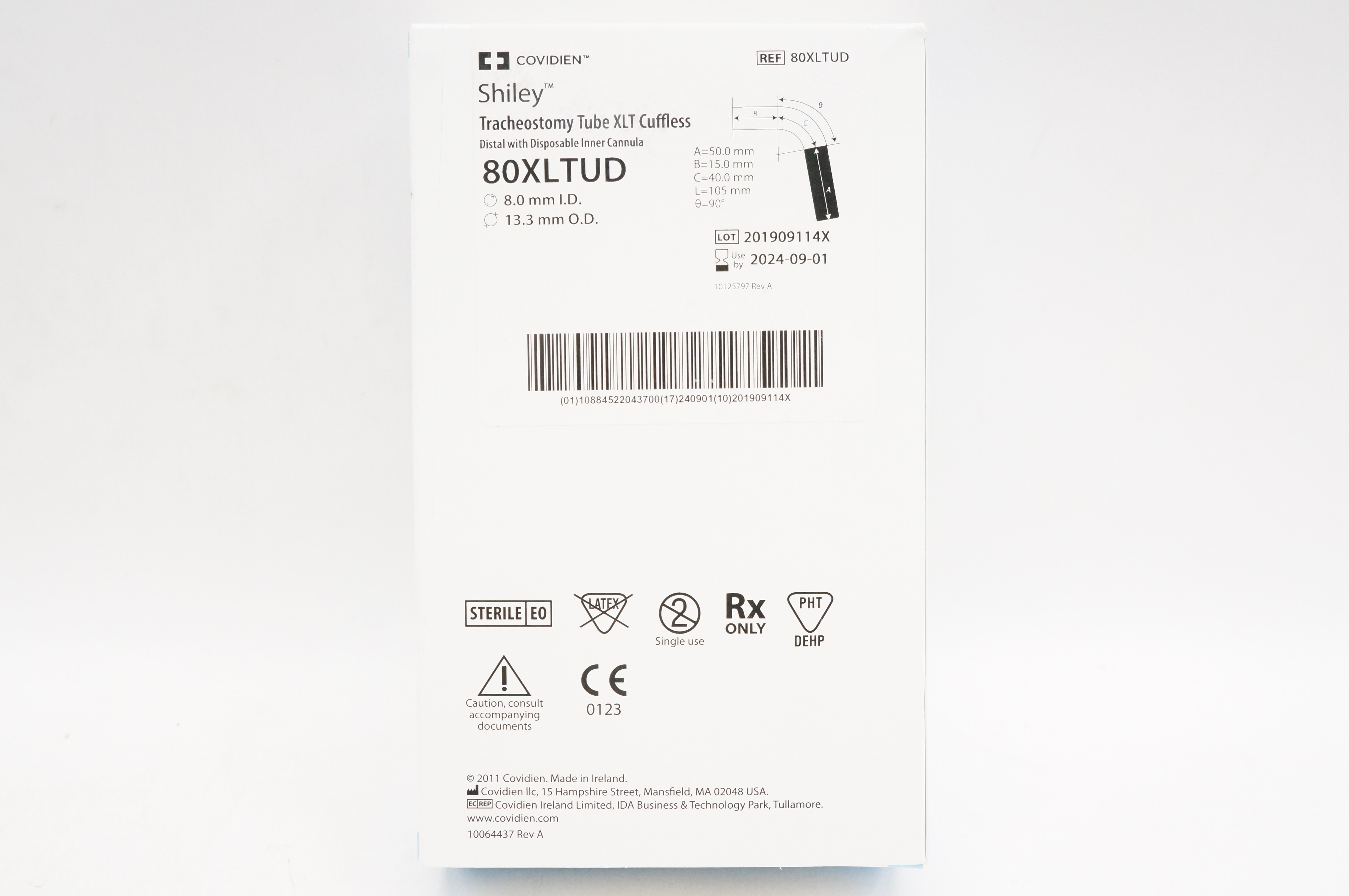 Covidien 80XLTUD Shiley Tracheostomy Tube XLT Cuffless 8.0mm I.D., 13.3mm O.D.