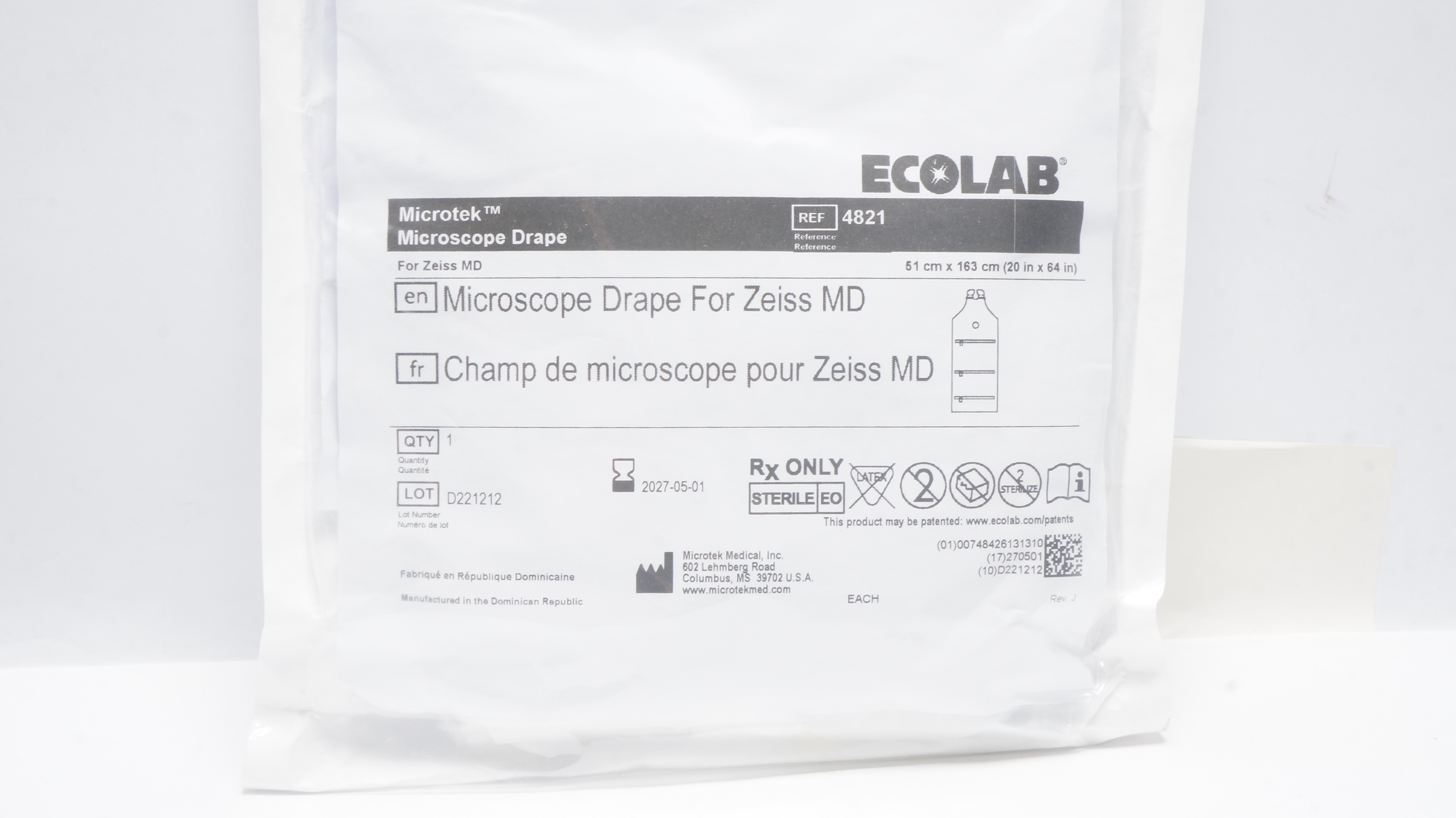 Microtek 4821 Ecolab Microscope Drape for Zeiss MD 20inch x 64inch