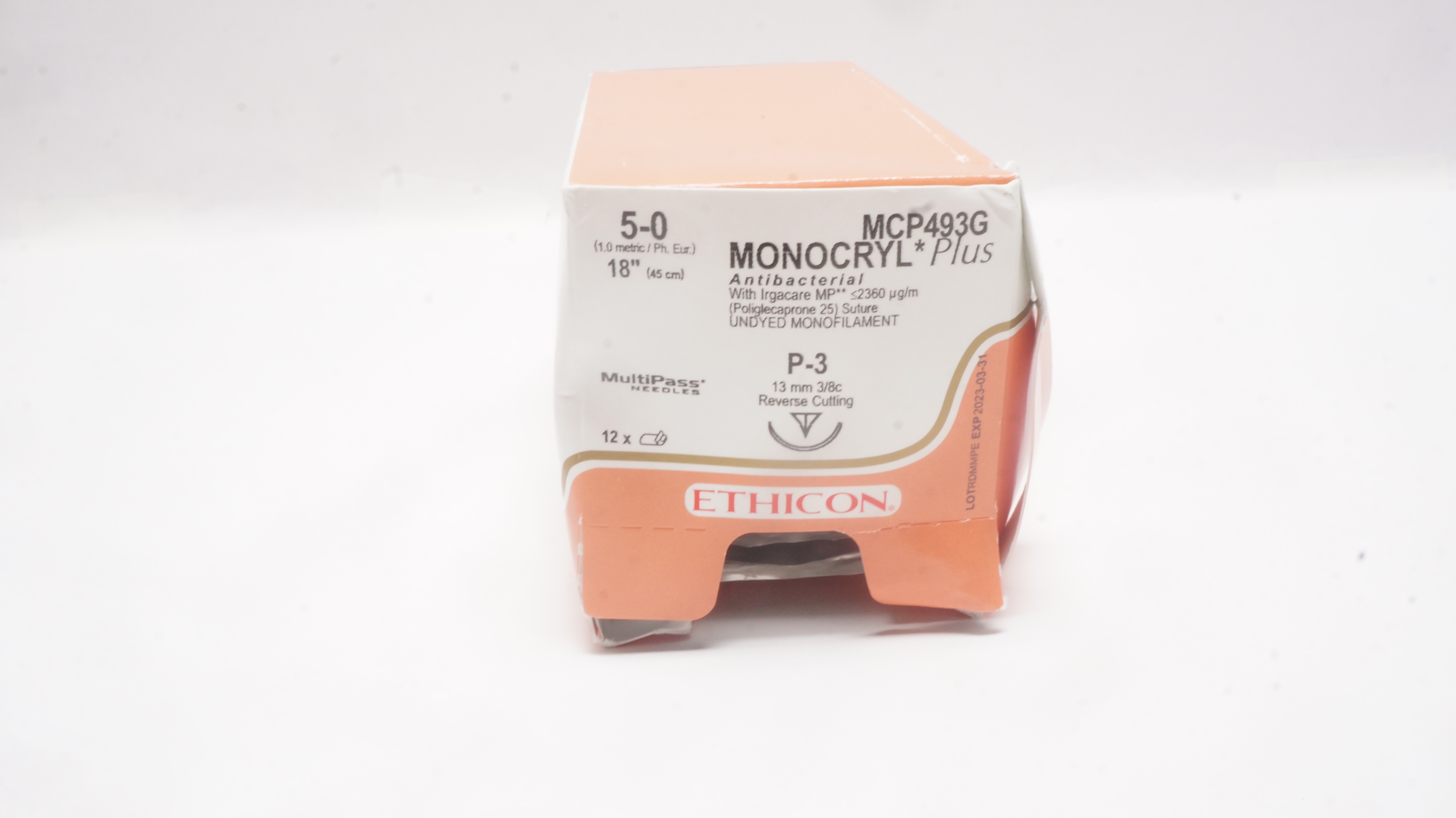 Ethicon MCP493G 5-0 MONOCRYL Plus P-3 Reverse Cutting 13mm 3/8c 18in(x)-Box of12