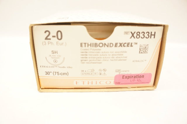 Ethicon X833H 2-0 ETHIBOND EXCEL, SH, 26mm 1/2c Taper, 30inch (x) - Box of 28