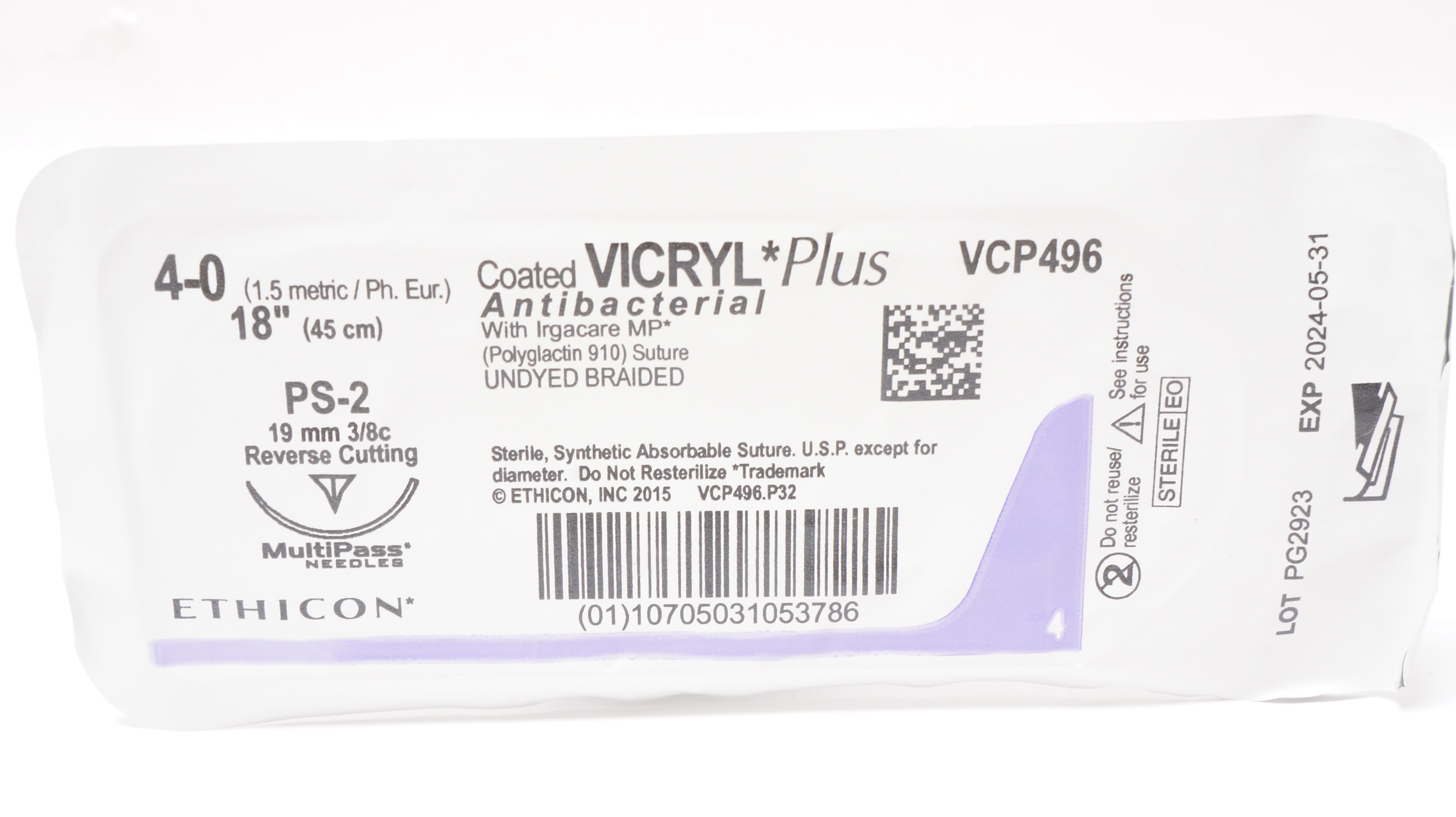Ethicon VCP496 4-0 Vicryl Plus PS-2 Reverse Cutting 19mm 3/8c 18inch