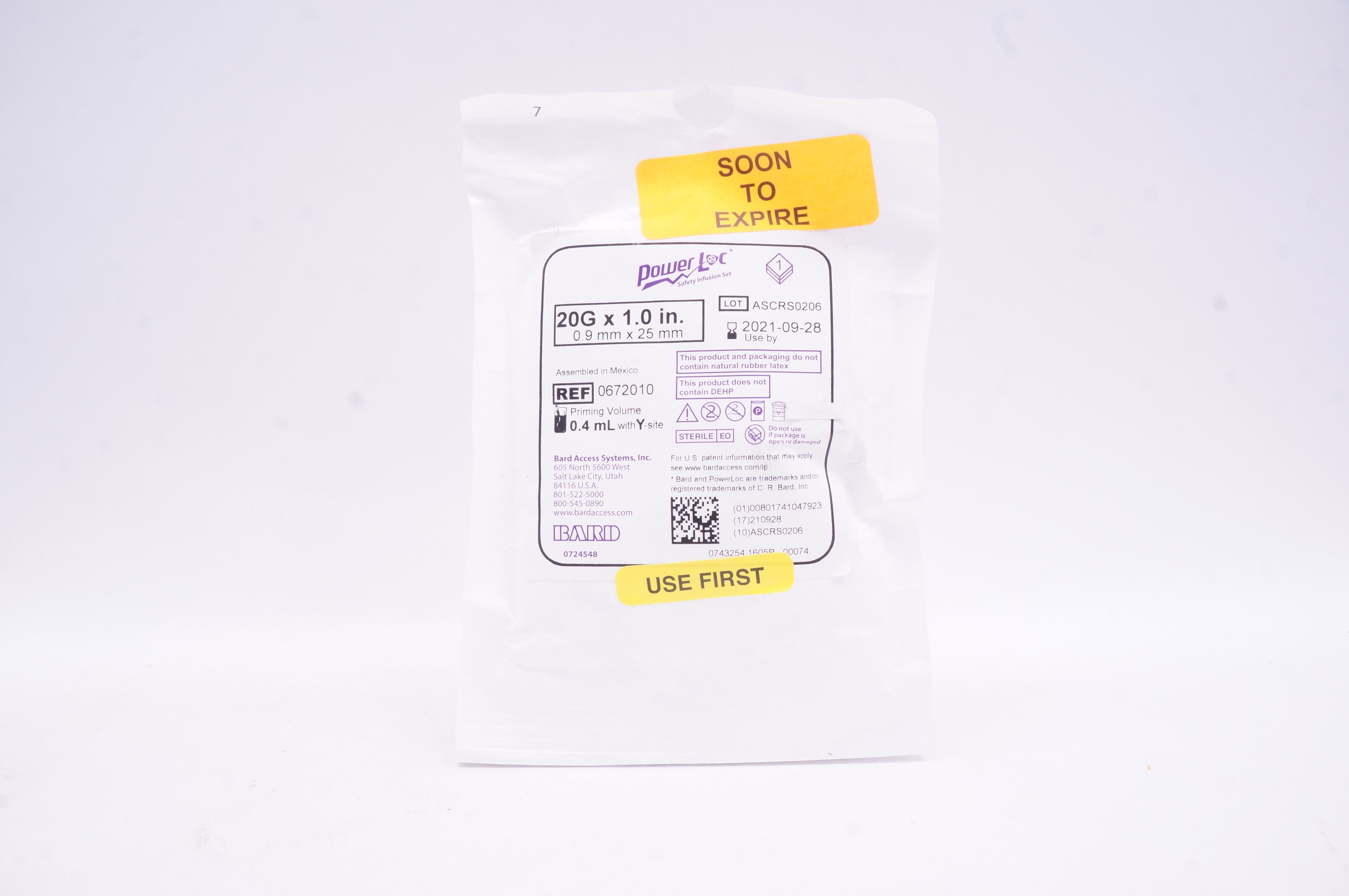 Bard 0672010 Power Loc Safety Infusion Set 20G x 1.0 in. Priming Volume 0.4 mL