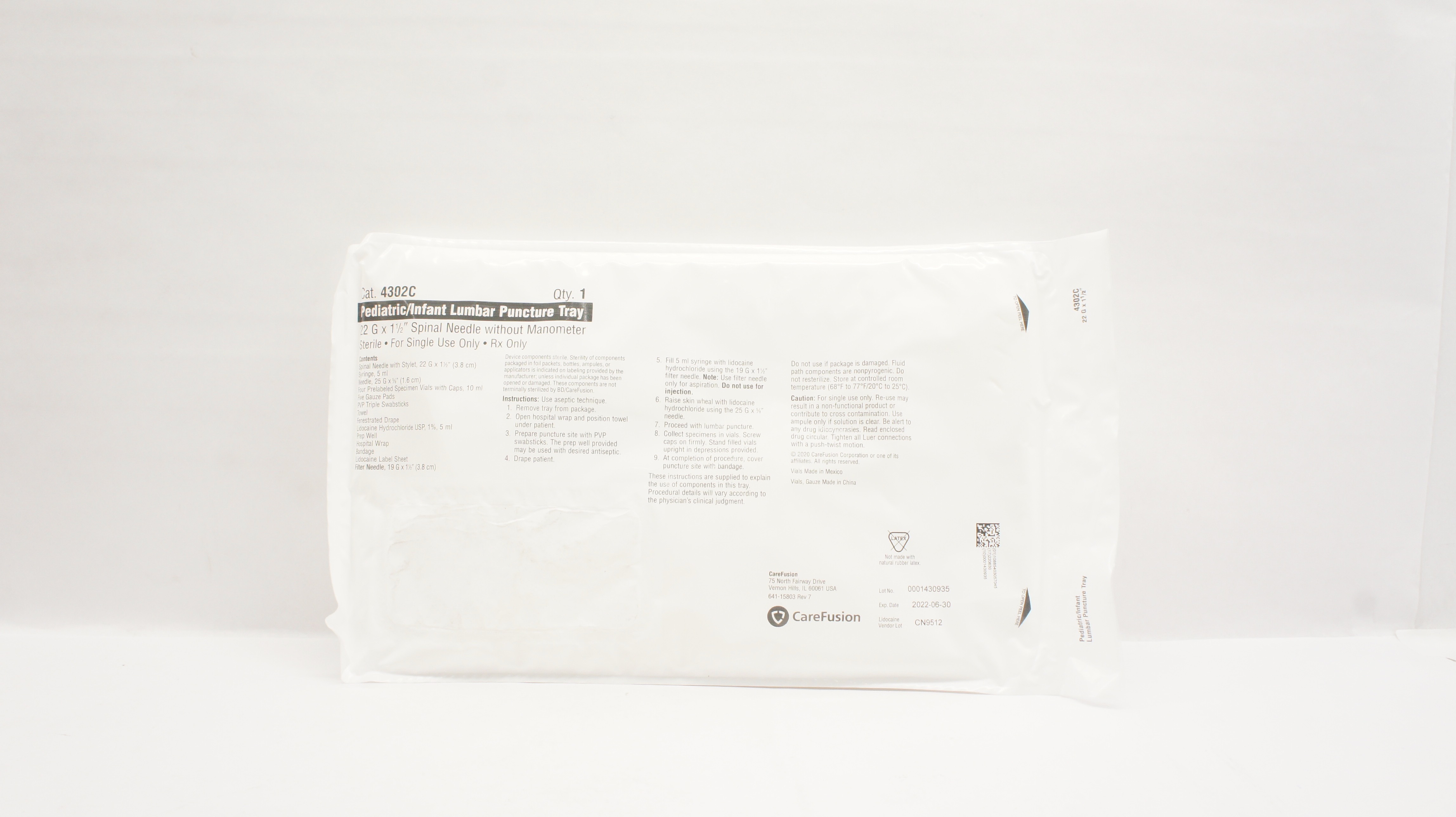 CareFusion 4302CSP Safe-T Plus Pediatric Lumbar Puncture Tray 22Ga x 1 1/2 (x)