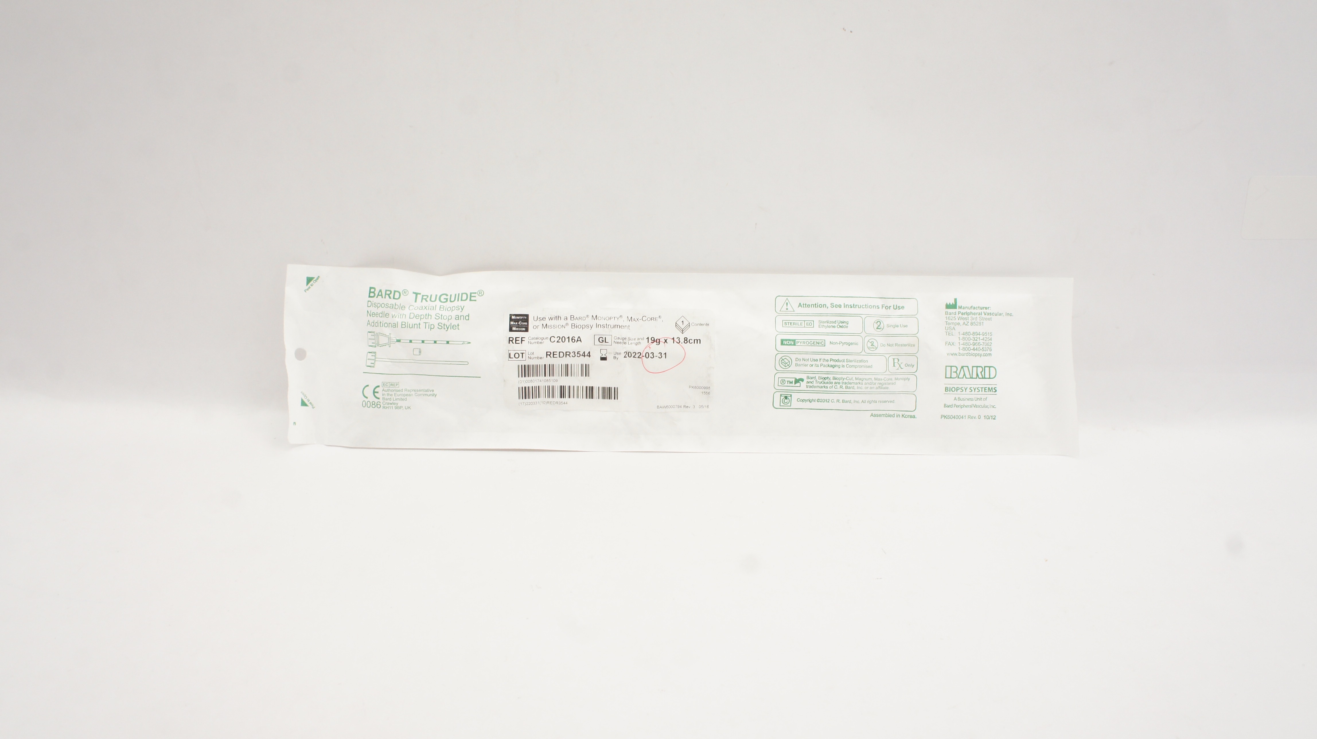 Bard C2016A TruGuide Disposable Coaxial Biopsy Ndle. 19g x 13.8cm (x)