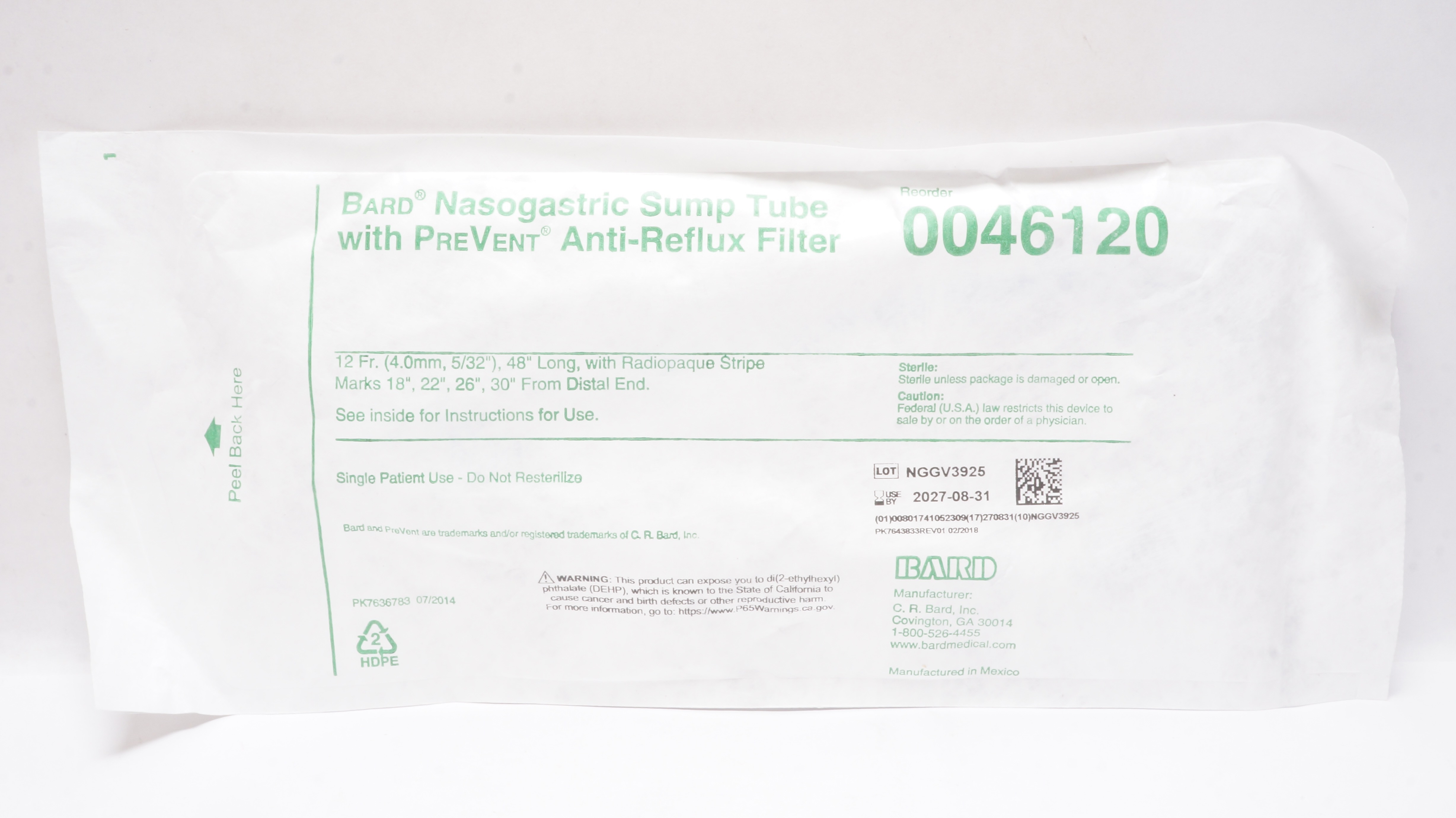 Bard 0046120 Nasogastric Sump Tube with PreVent Anti-Reflux Filter 12Fr x 48inch
