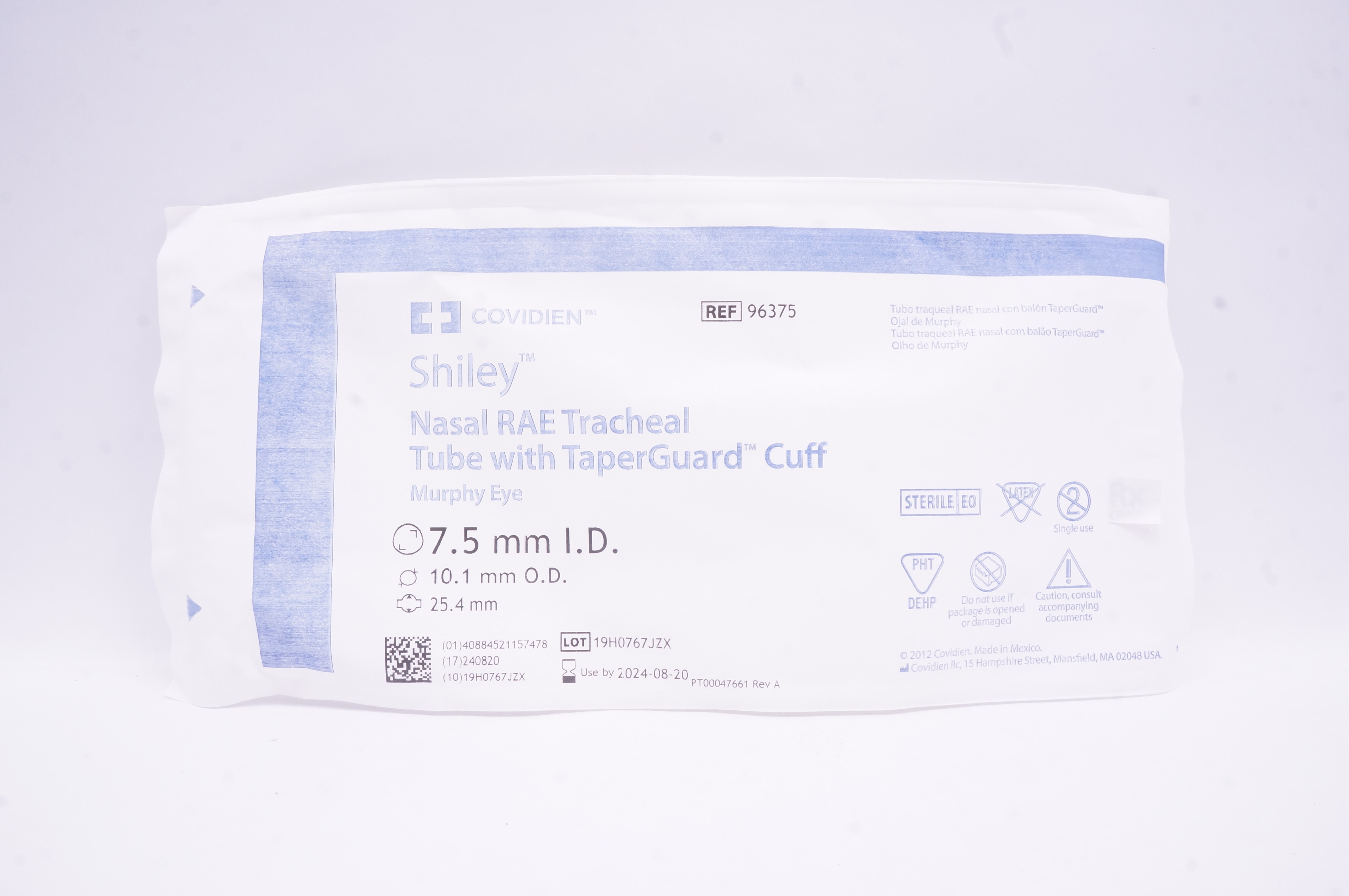 Covidien 96375 Shiley Nasal RAE Tracheal Tube with TaperGuard Cuff 7.5mm I.D.