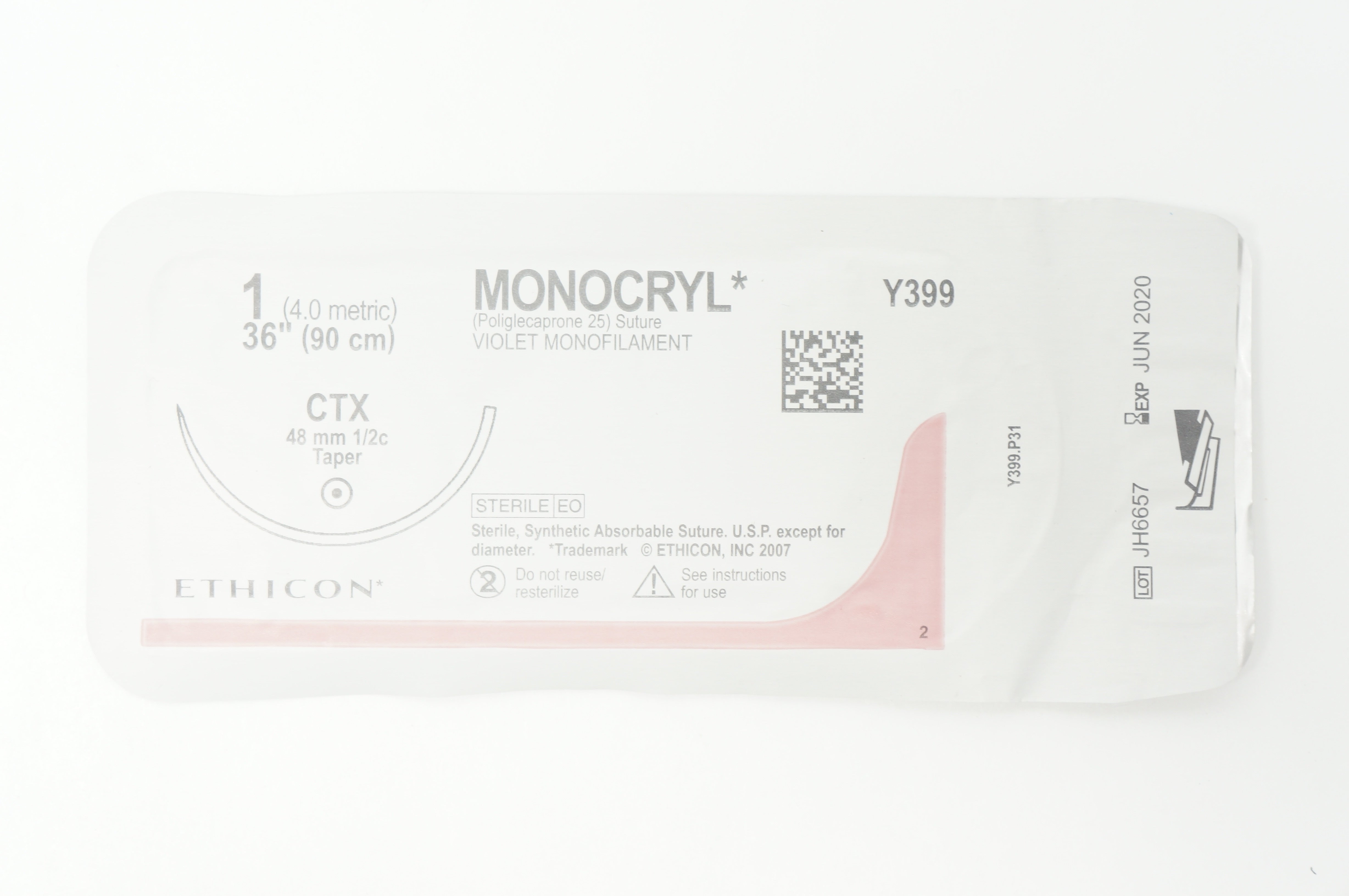 Ethicon Y399 1 MONOCRYL Violet Monofilament CTX 48mm 1/2c Taper, 36inch (x)