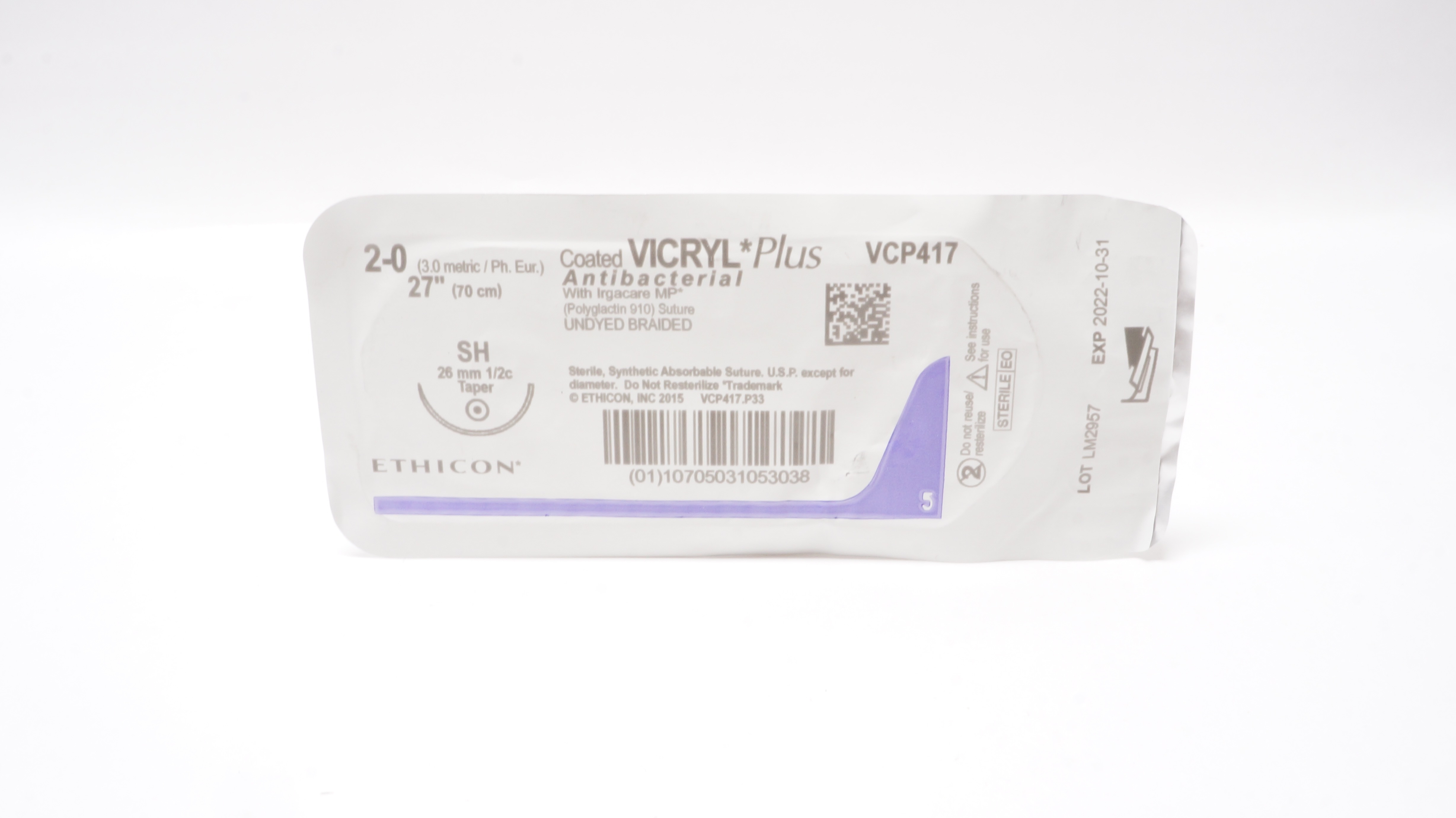 Ethicon VCP417 2-0 Coated VICRYL Plus Stre SH 26mm 1/2c Taper, 27 inch (x)