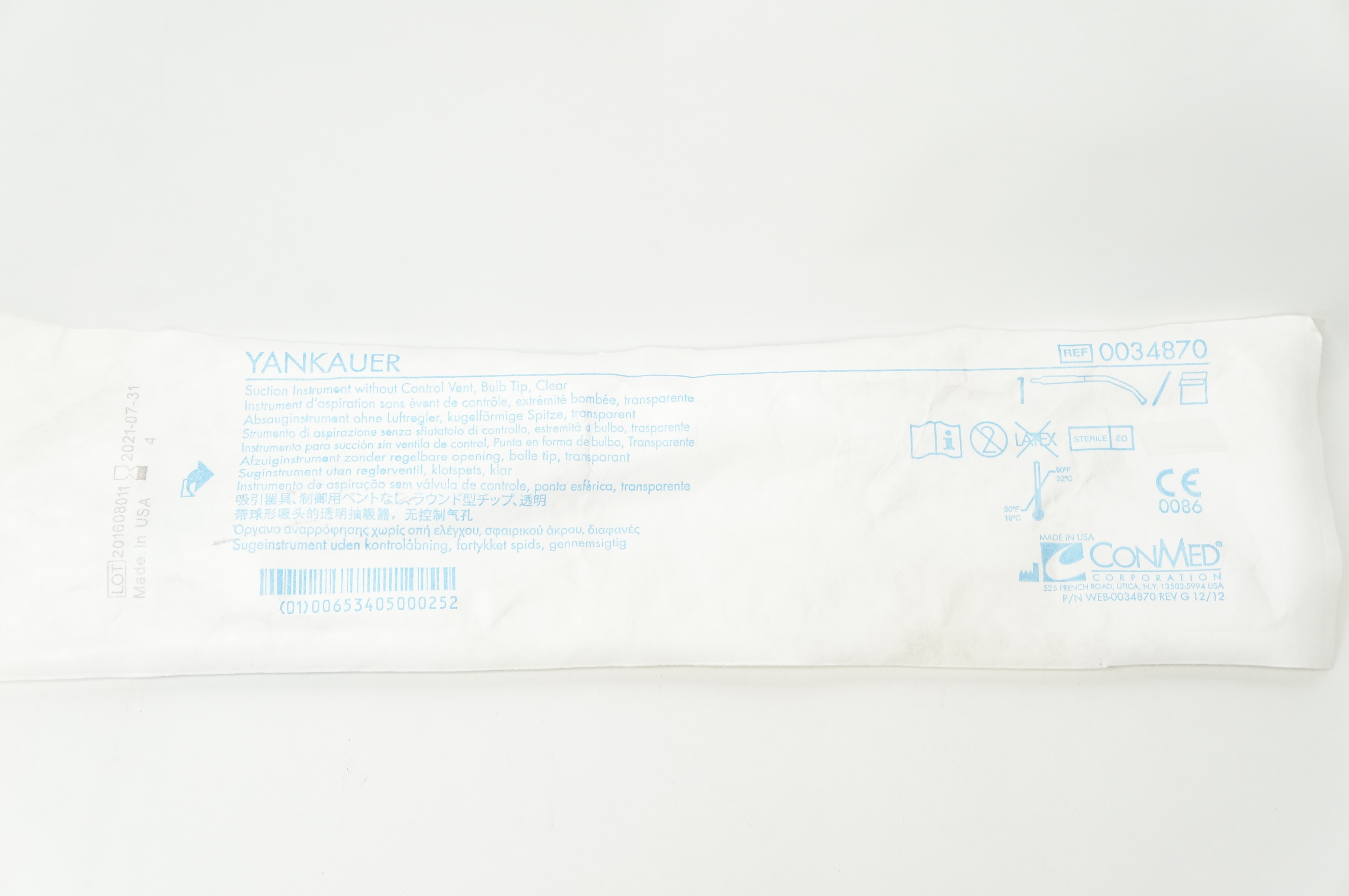 ConMed 0034870 Yankauer, Suction Instument, No Control Vent, Bulb Tip, Clear (x)