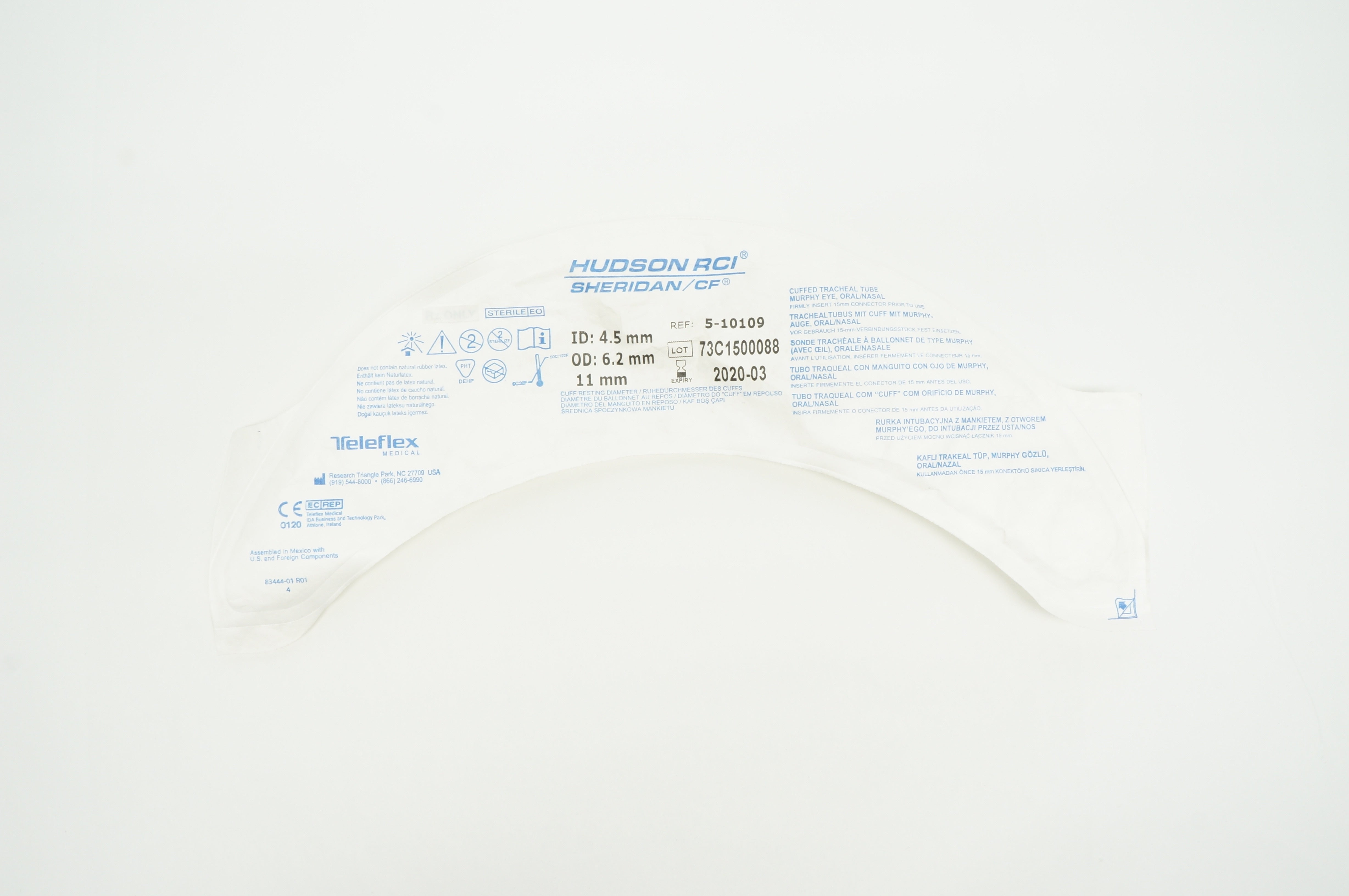 Teleflex 5-10109 Hudson RCI Cuffed Tracheal Tube Murphy EYE 4.5mm x 6.2mm (x)
