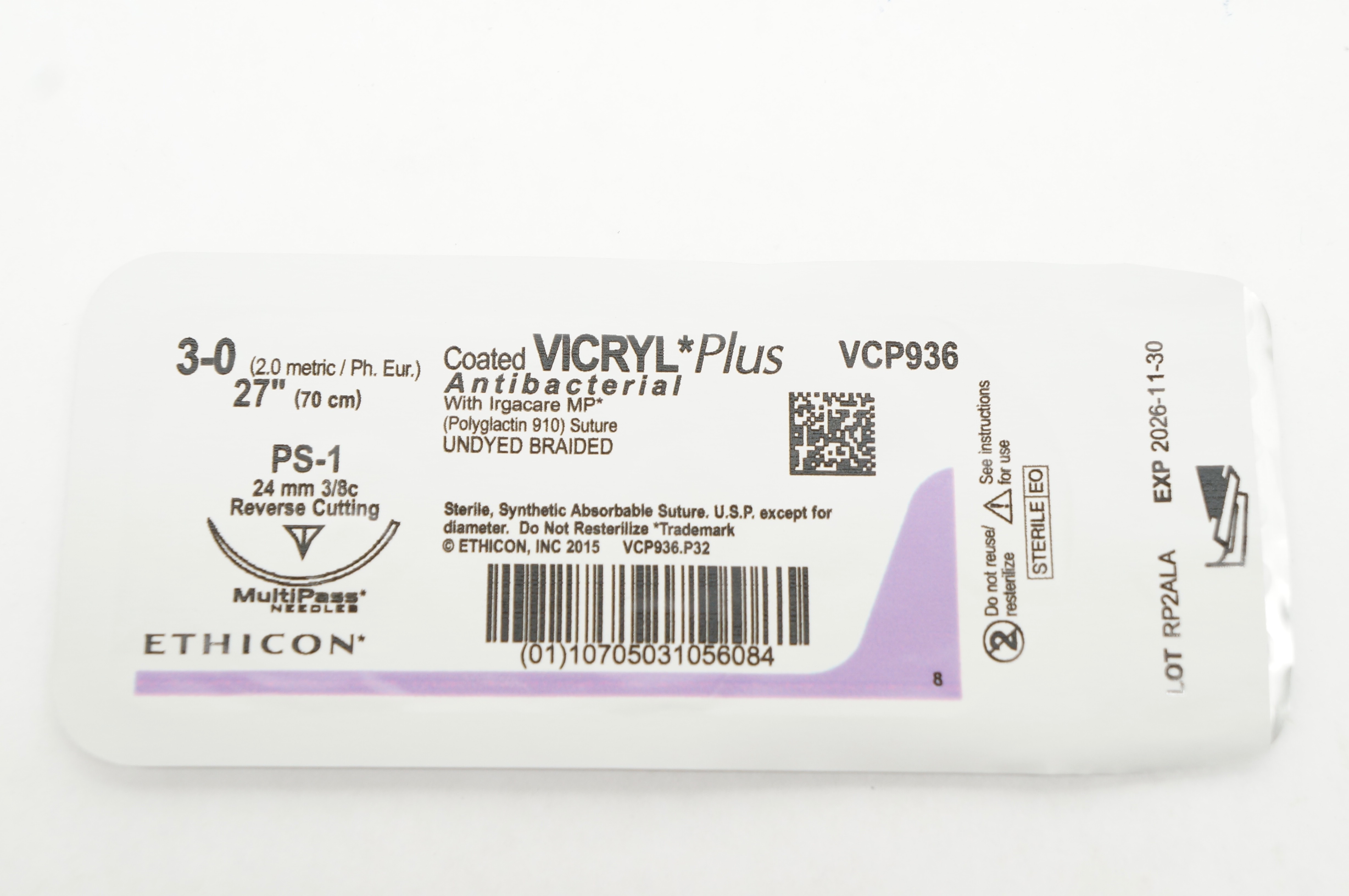 Ethicon VCP936 PS-1 Vicryl Plus 24mm 3/8c Reverse Cutting 27inch