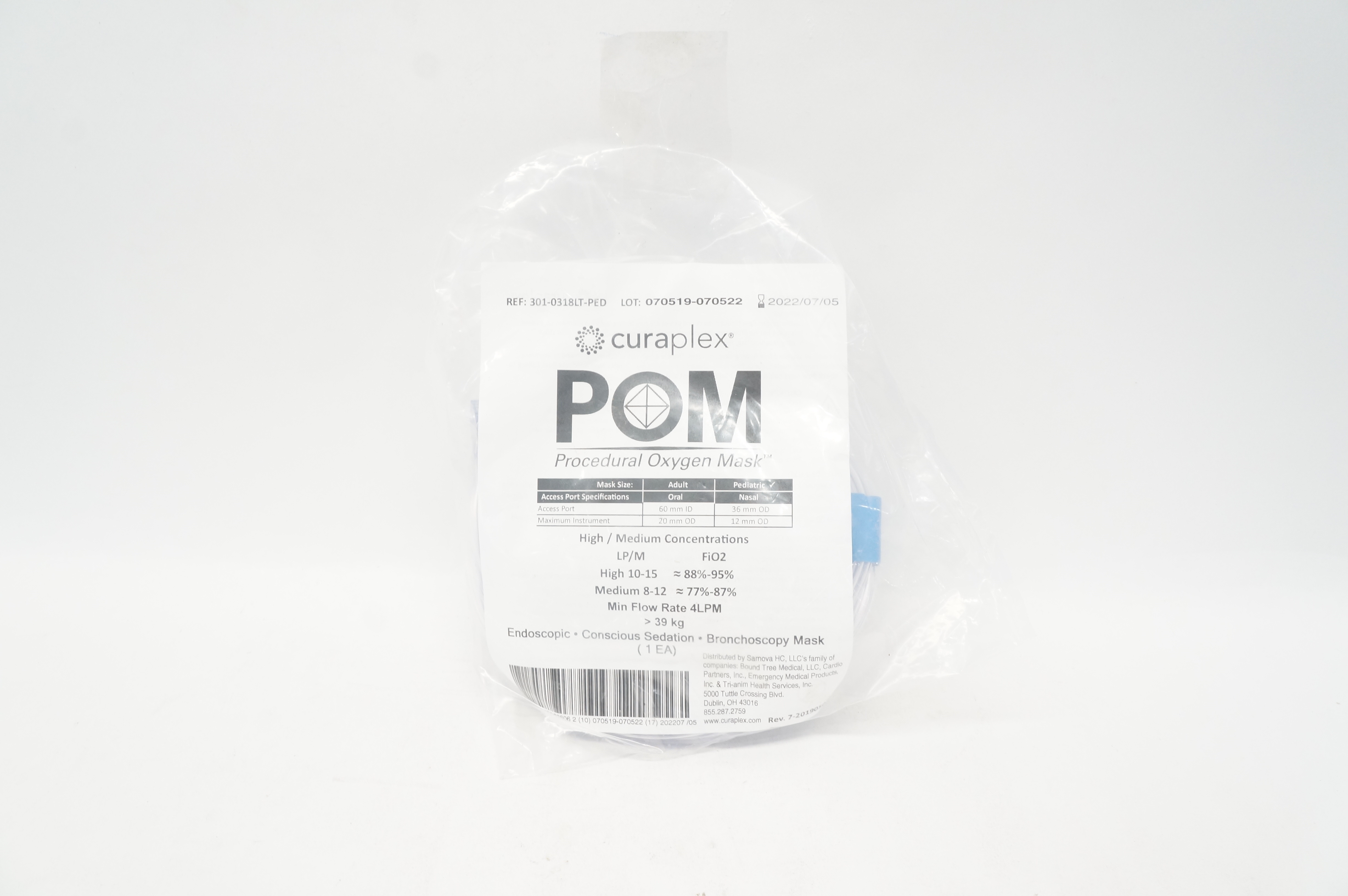 Sarnova 301-0318LT-PED Curaplex POM Procedural Oxygen Mask Pediatric 36IDx12mmOD