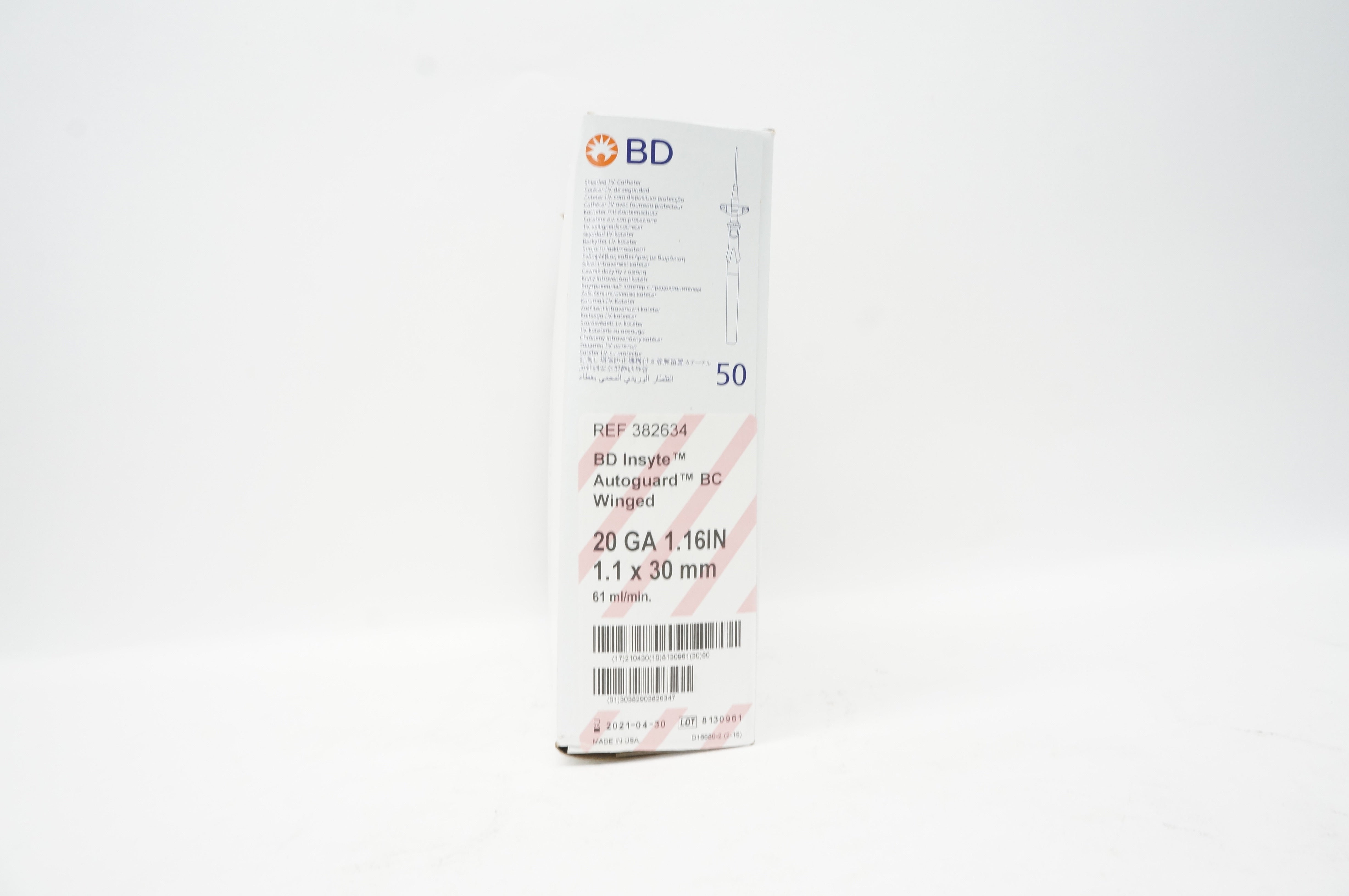 BD 382634 BC Winged Shielded I.V. Cath. 20Ga x 1.16in 61ml/min - Box of 34 (x)