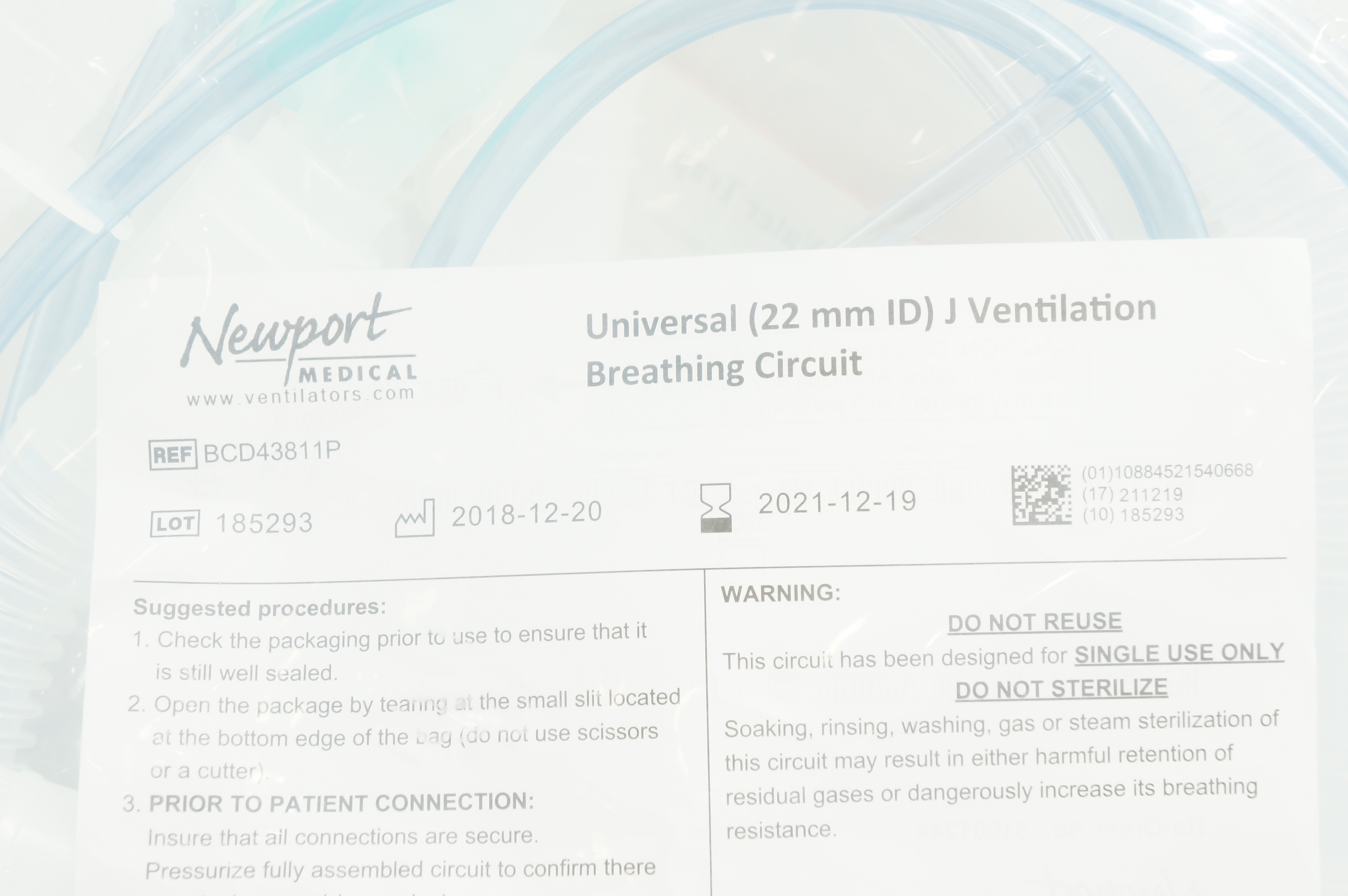 Newport Medical BCD43811P Universal J Ventilation Breathing Circuit 22mm ID (x)