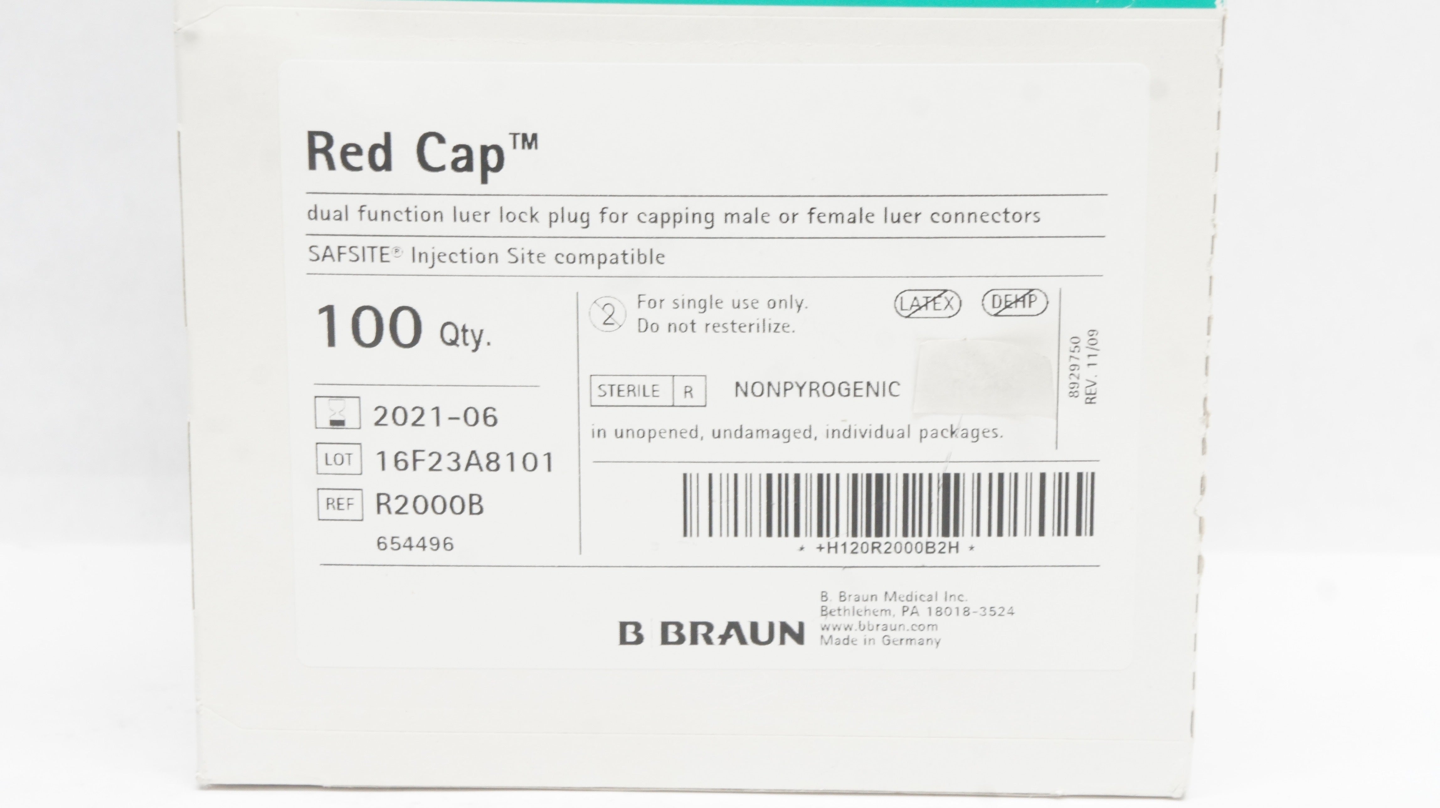 Braun R2000B Red Cap Dual Function Luer Lock Plug (x) ~ Box of 100