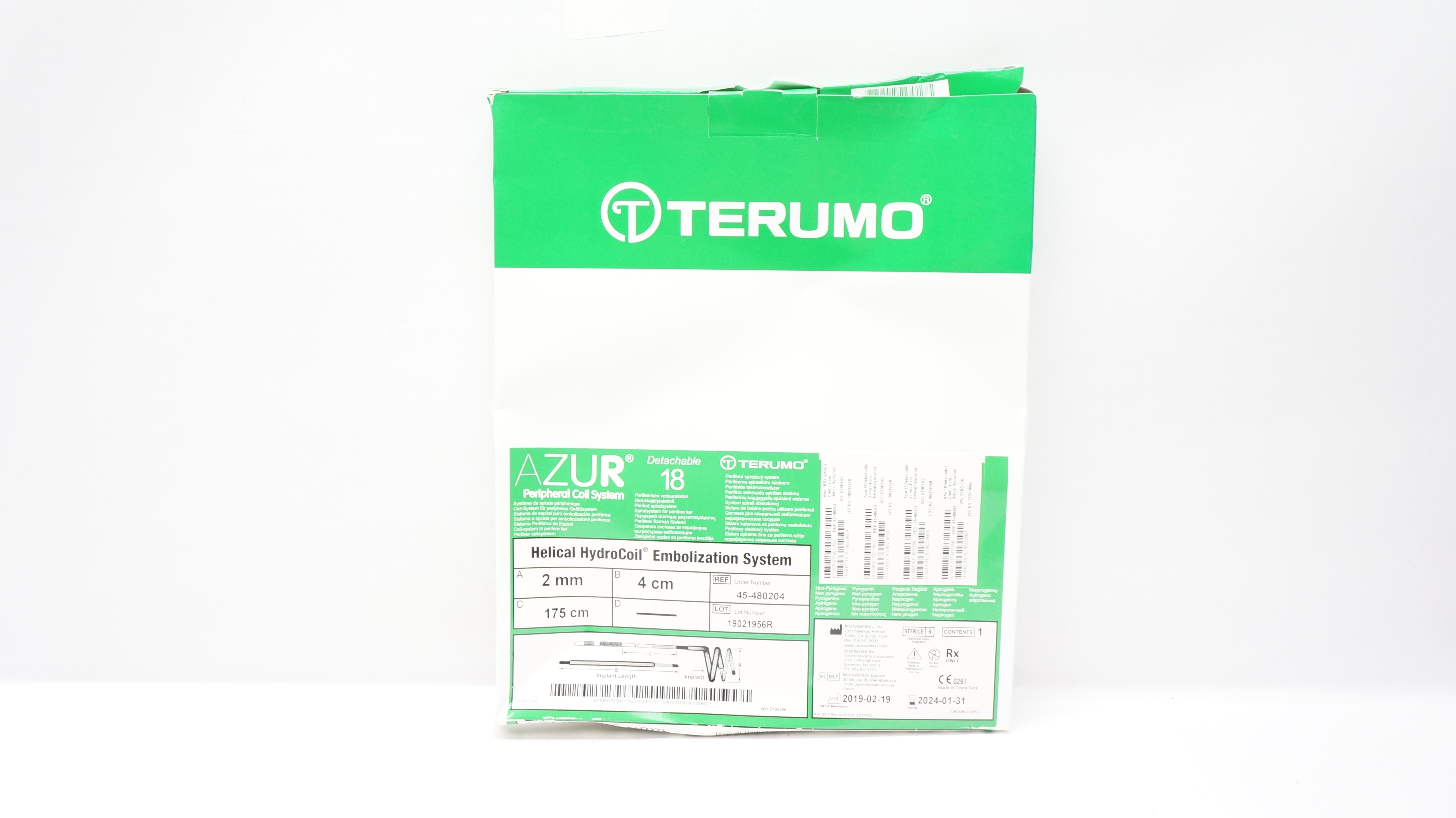 Terumo 45-480204 Azur Helical HydroCoil Embolization System 2 x 4mm x 175cm (x)