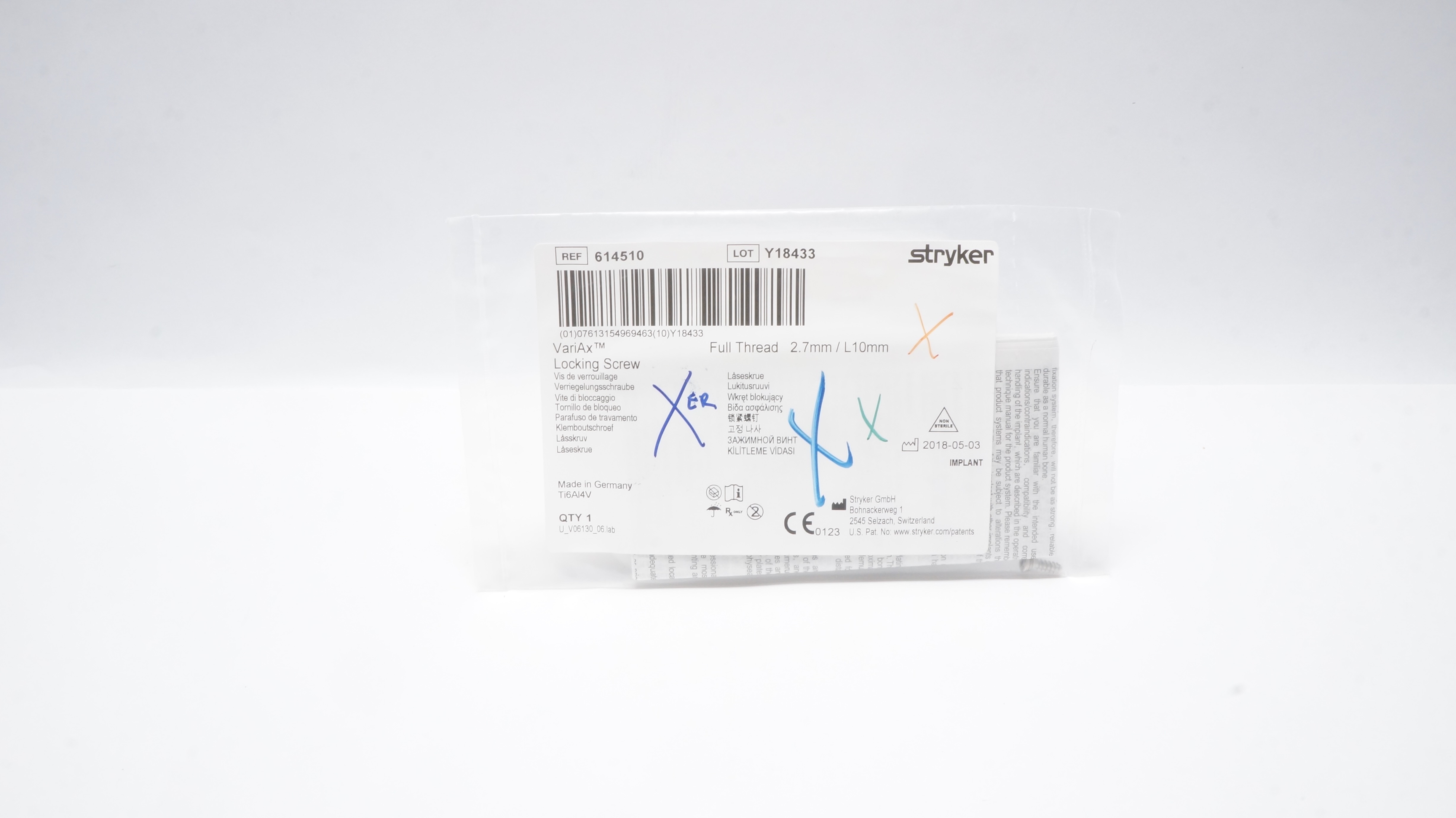 Stryker 614510 VariAx Locking Screw Full Thread 2.7mm/ L10mm