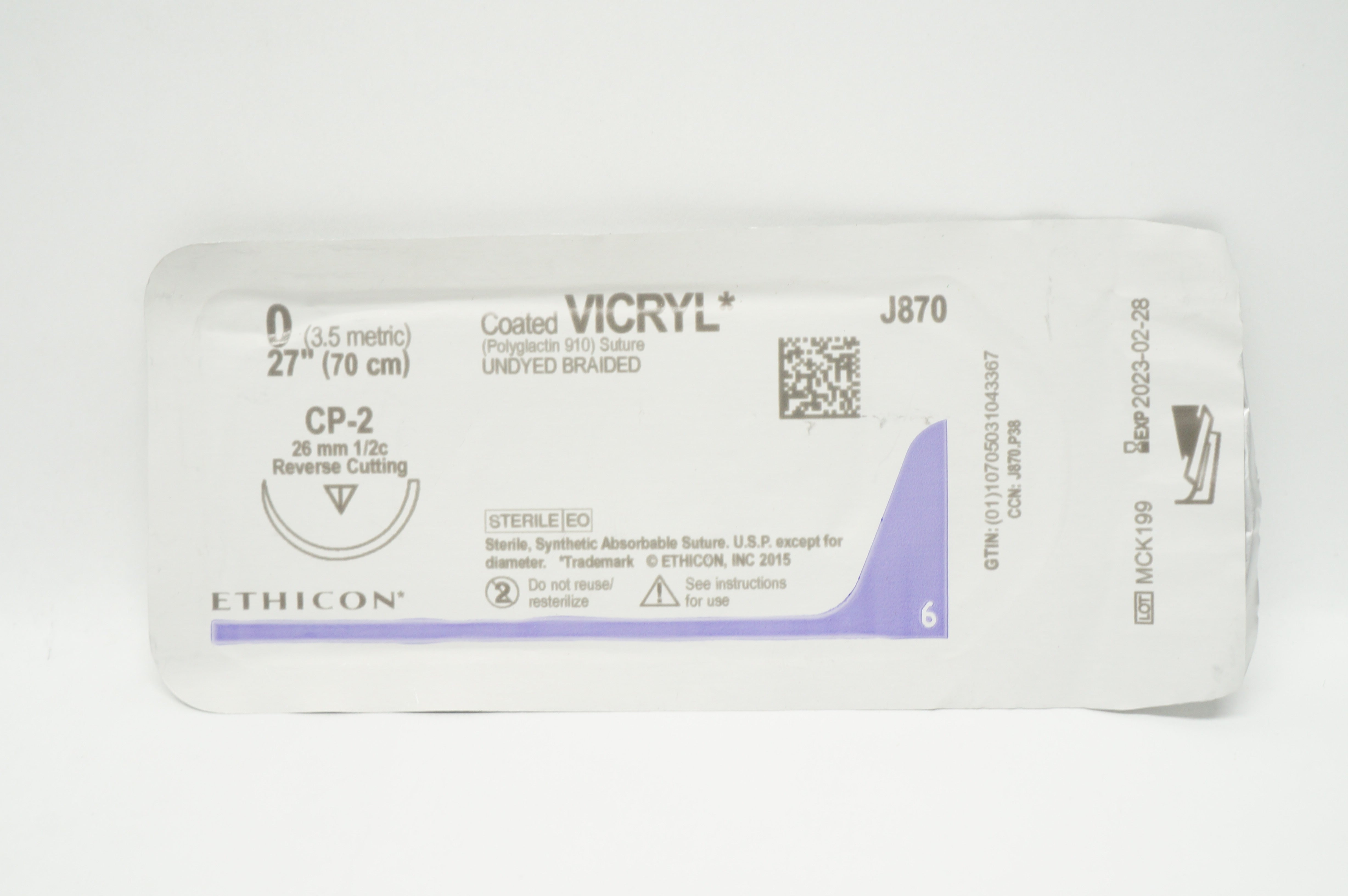 Ethicon J870 0 Coated VICRYL,  CP-2 26mm 1/2c Reverse Cutting, 27inch