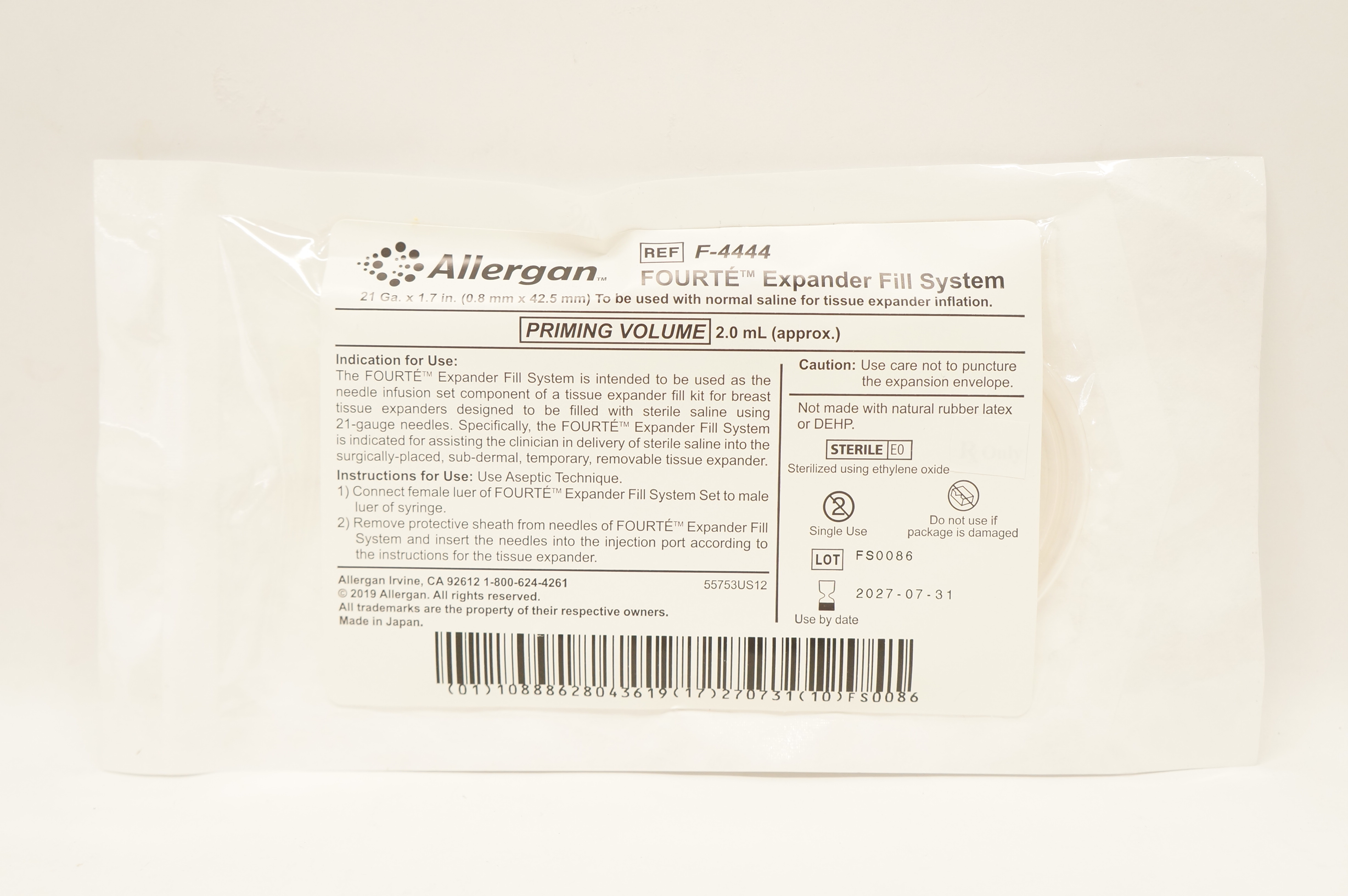 Allergan F4444 Fourte Expander Fill System 21 Ga x 1.7 inch Priming
