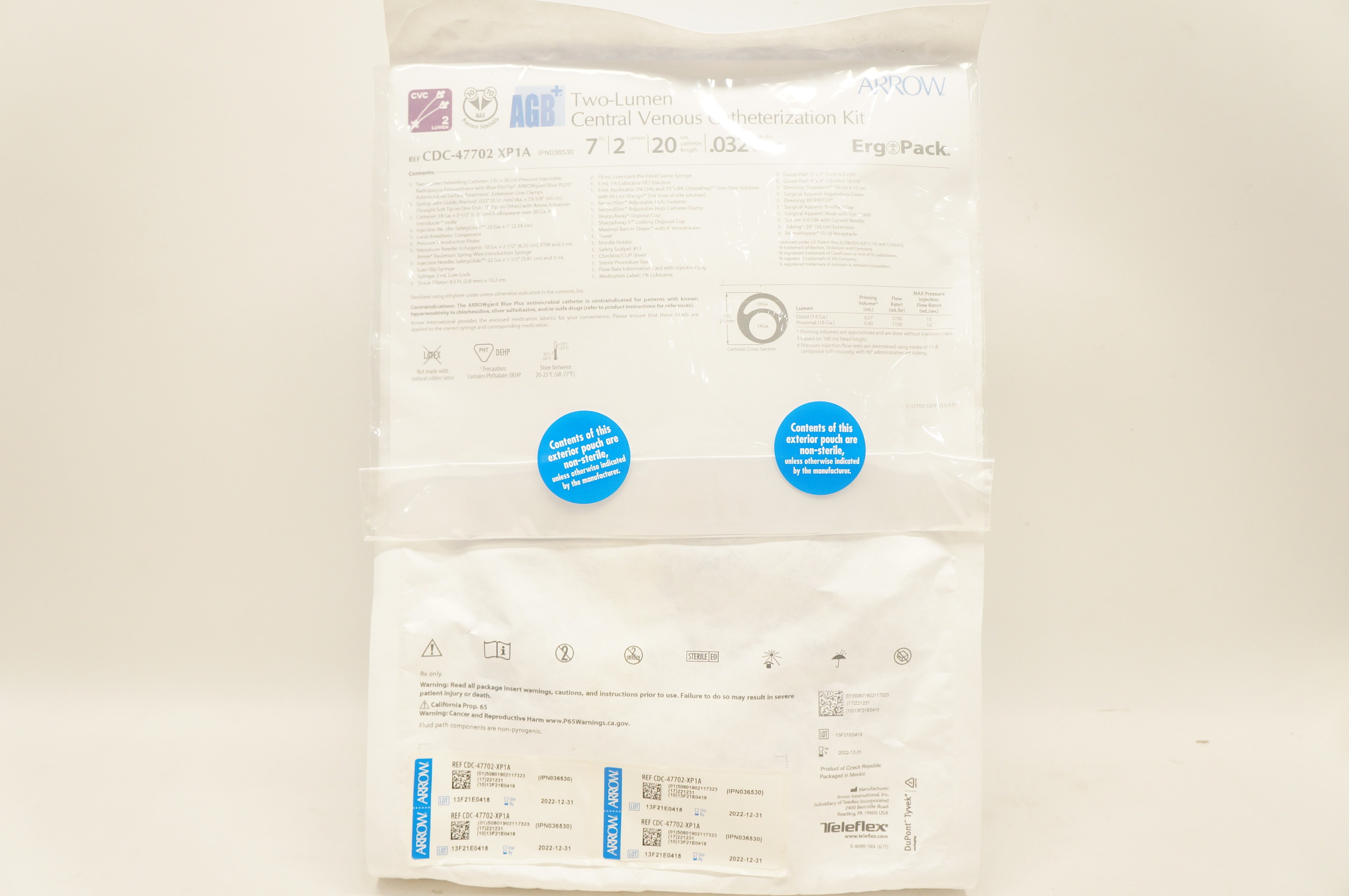 Teleflex CDC-47702-XP1A Two-Lumen Central Venous Cath. Kit 7F x 20cm x .032inch