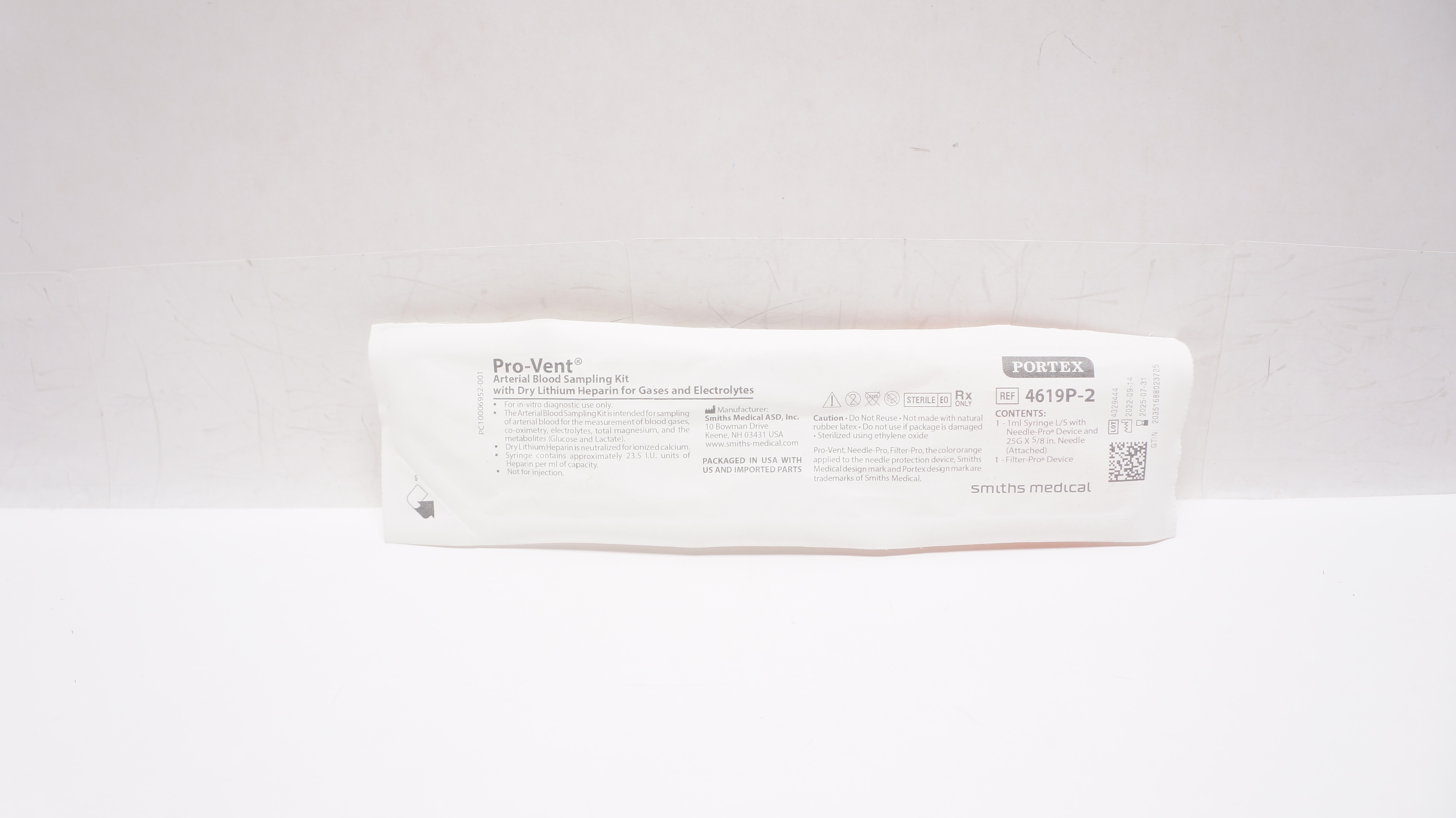 Smiths Medical 4619P-2 Portex Arterial Blood Sampling Kit 1mL Ndle 25G x 5/8inch