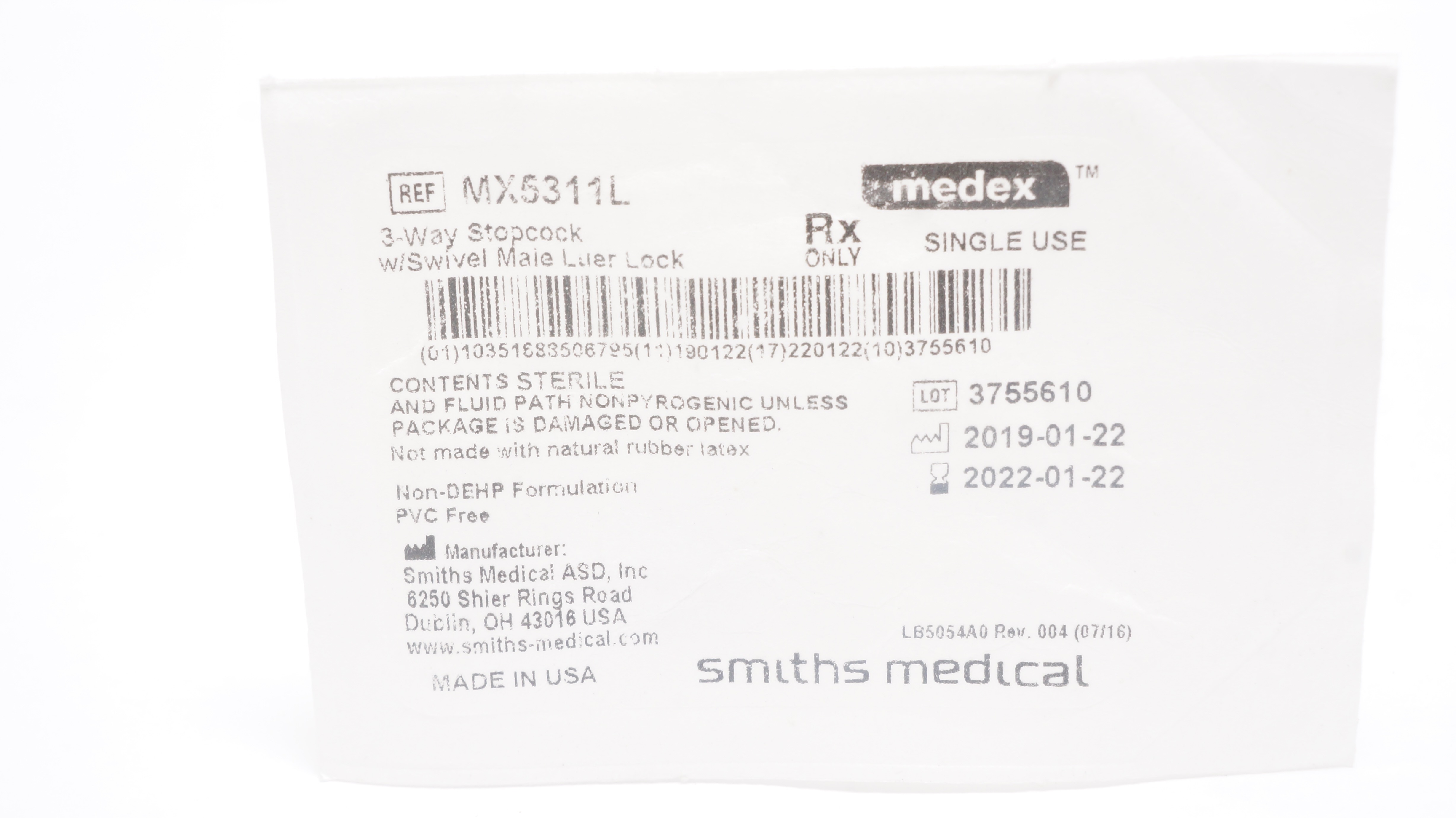 Smiths Medical MX5311L Medex 3-Way Stopcock w/Swivel Male Luer Lock (x)
