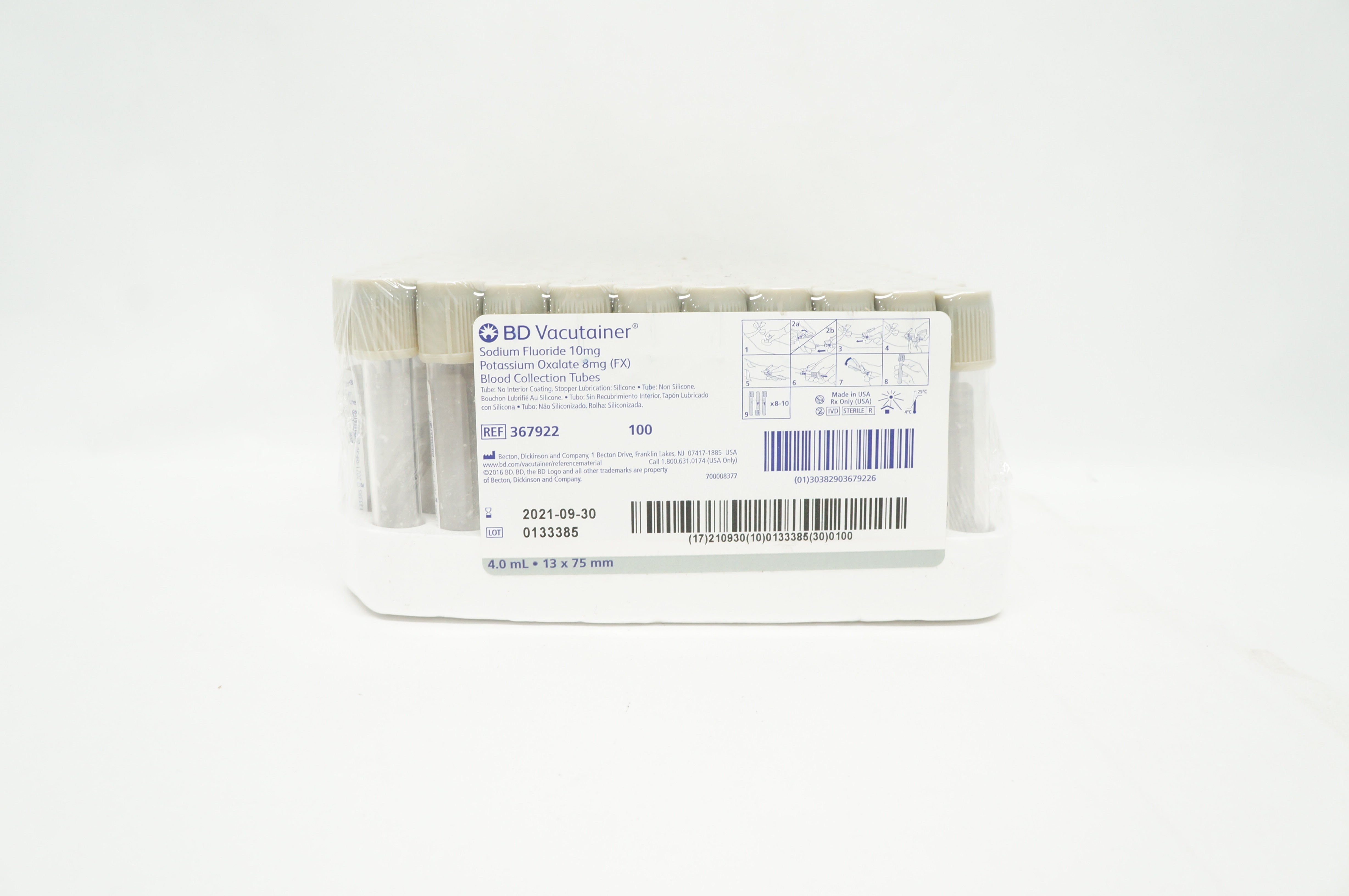 BD 367922 Vacutainer Sodium Fluoride 10 mg 4.0 mL 13 x 75 mm - Box of 100