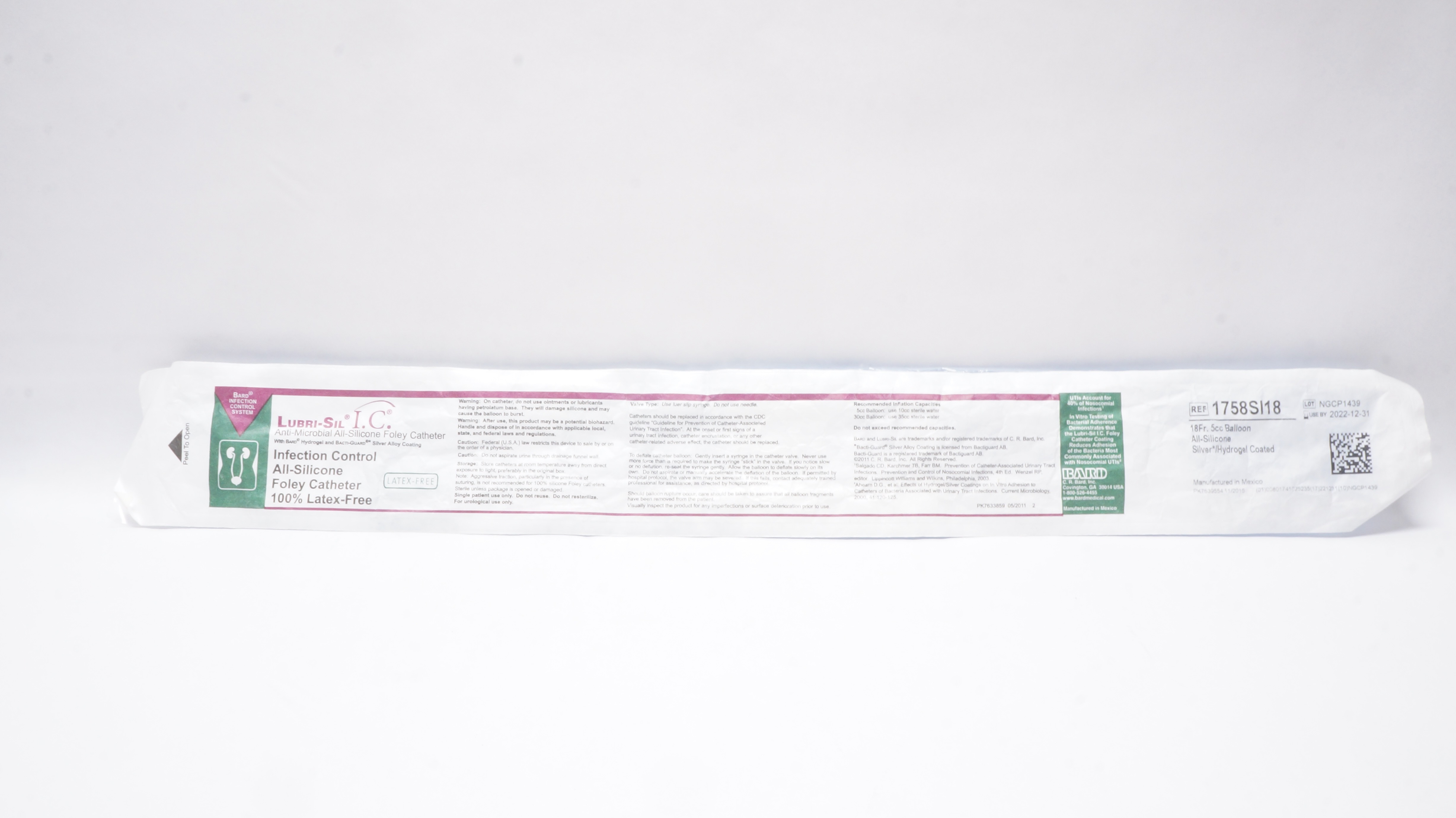 Bard 1758SI18 Lubri-Sil I.C. Anti-Microbial All-Silicone Foley Cath. 18Fr (x)