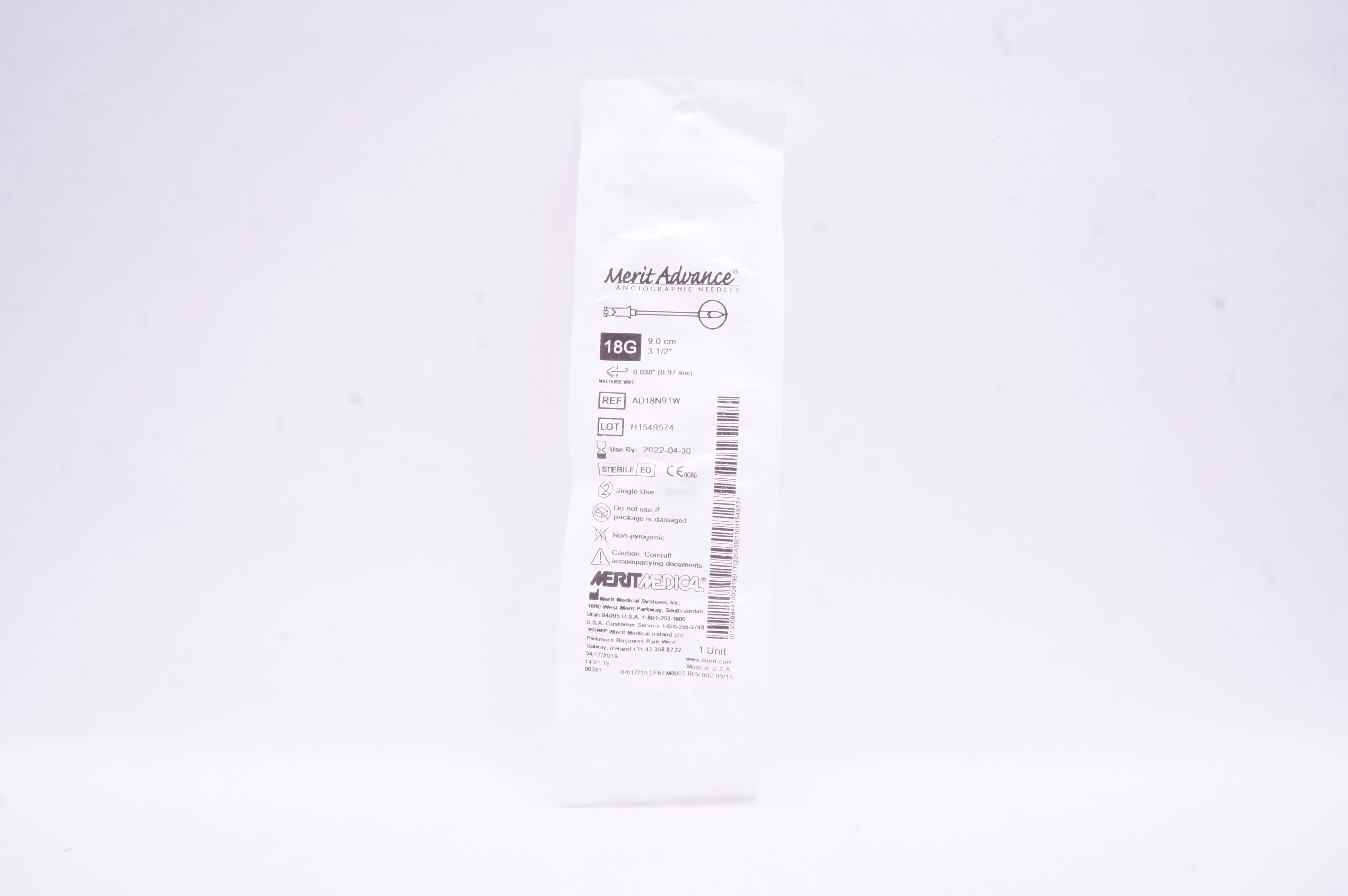 Merit Medical AD18N91W Angiographic Ndle Advance Without Safety 18Gauge 3-1/2in