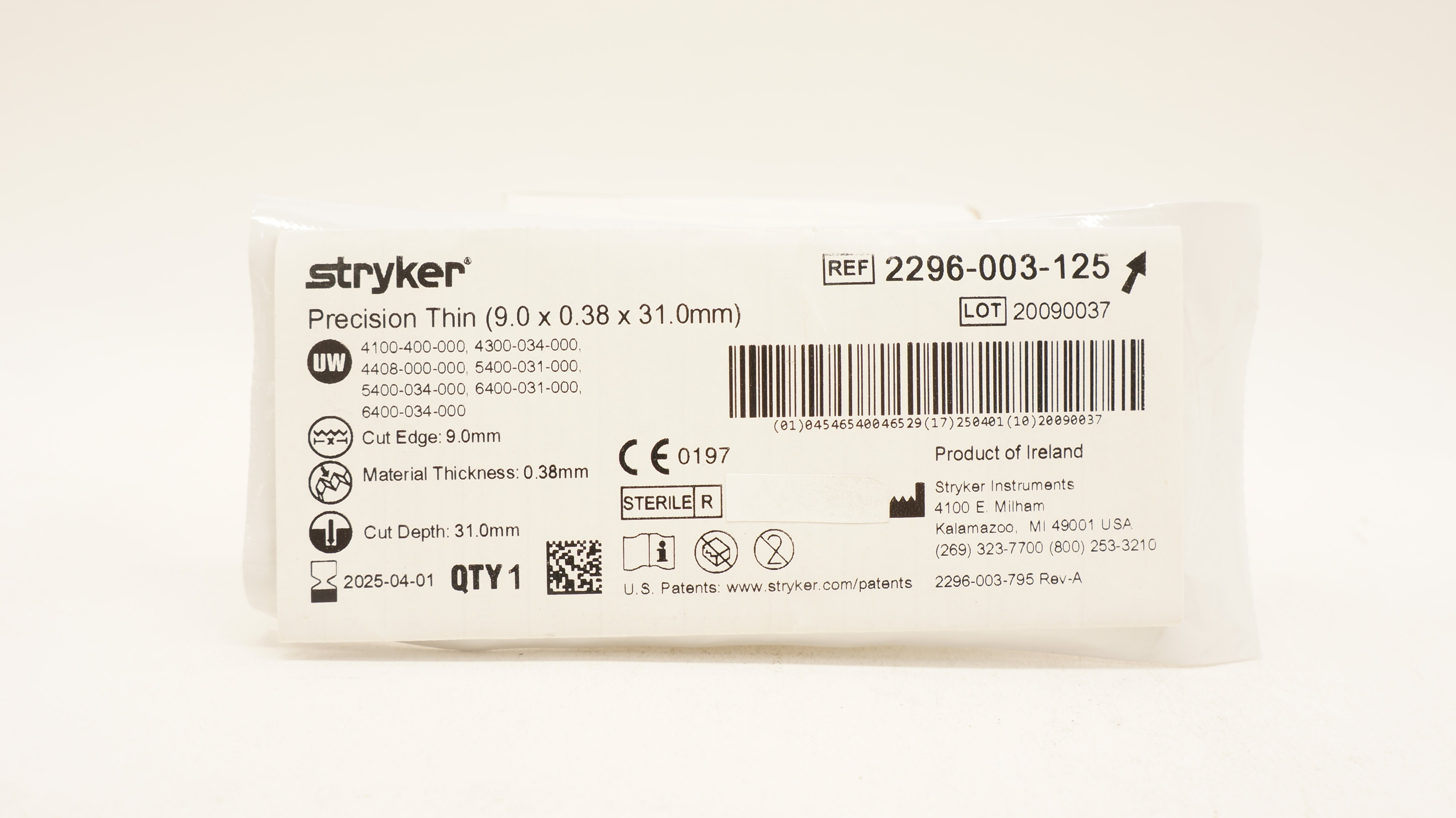 Stryker 2296-003-125  Precision Thin 9.0 x 0.38 x 31.0