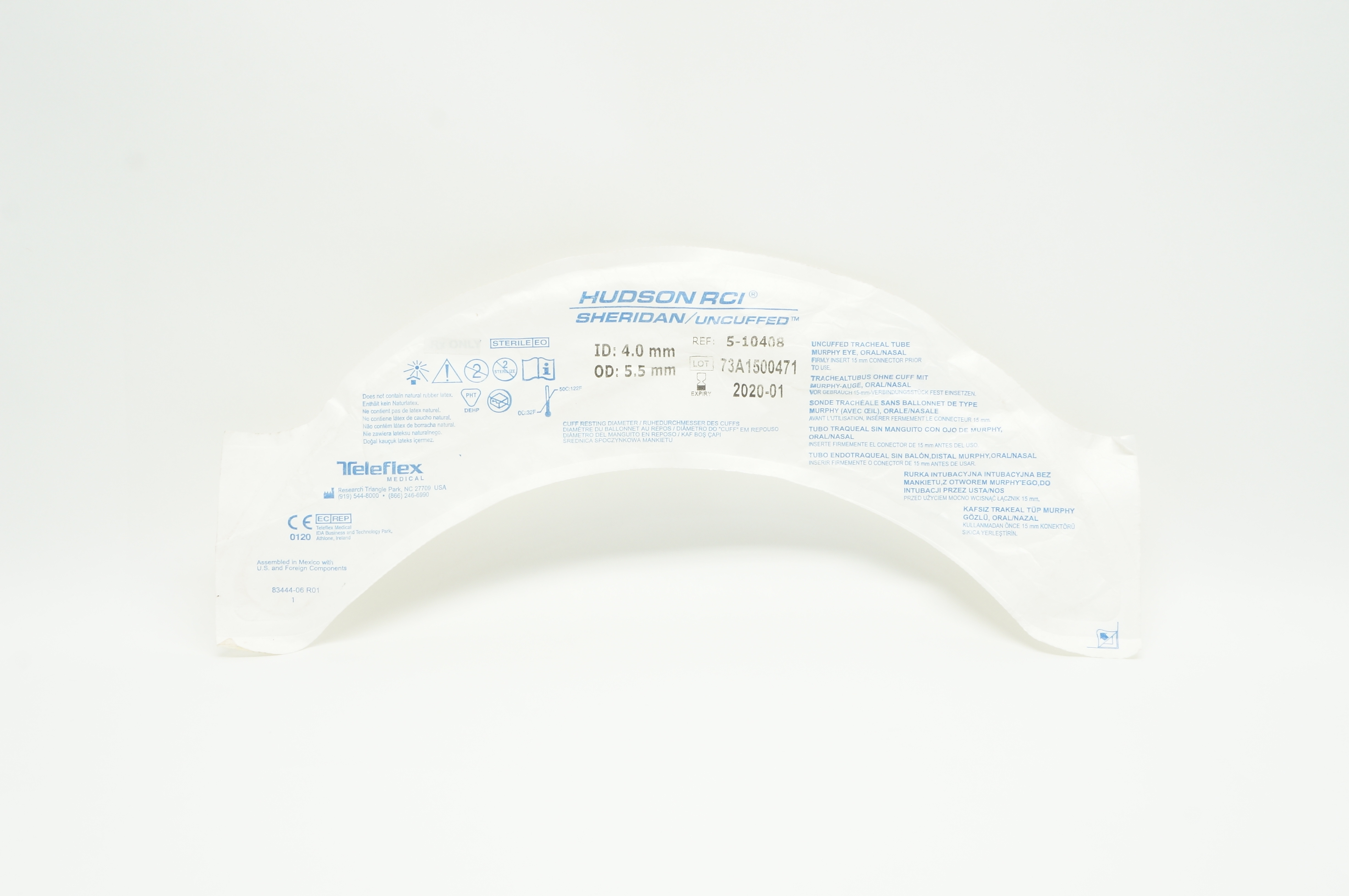 Teleflex 5-10408 Hudson RCI Sheridan Uncuffed Tracheal Tube 4.0mm x 5.5mm (x)