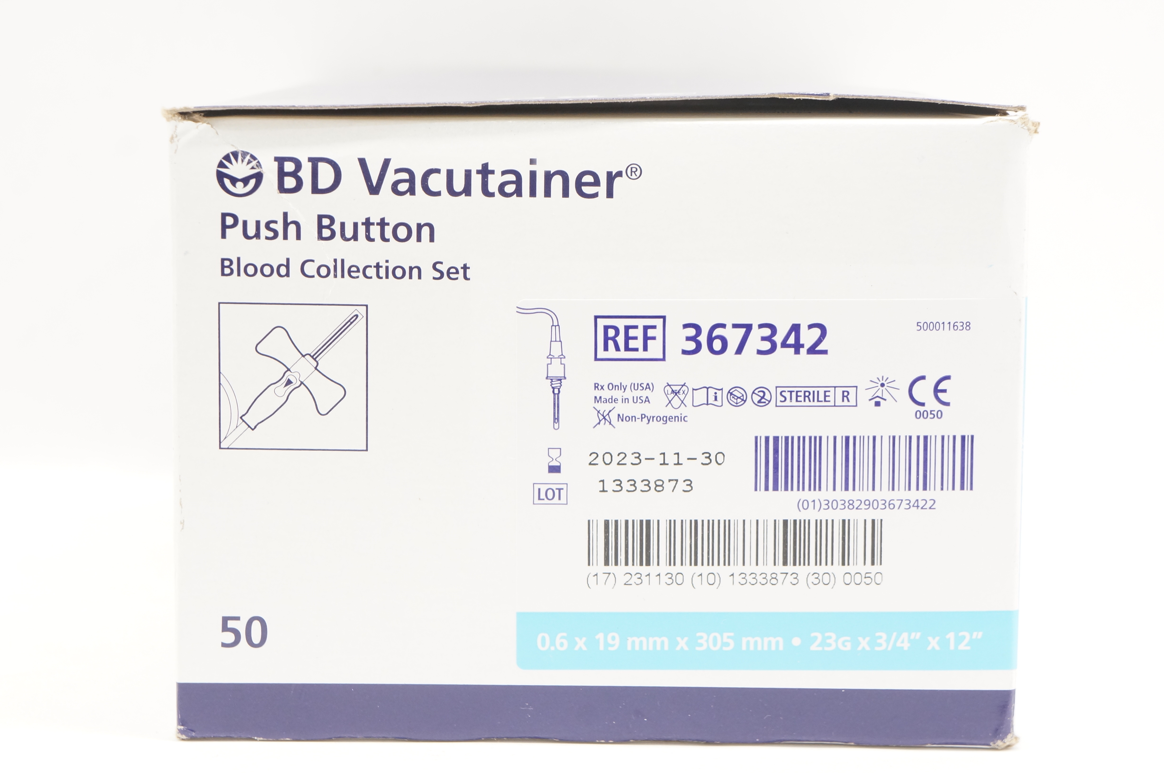 BD 367342 Push Button Blood Collection Set 23G x 3/4inch x 12inch - Box of 50