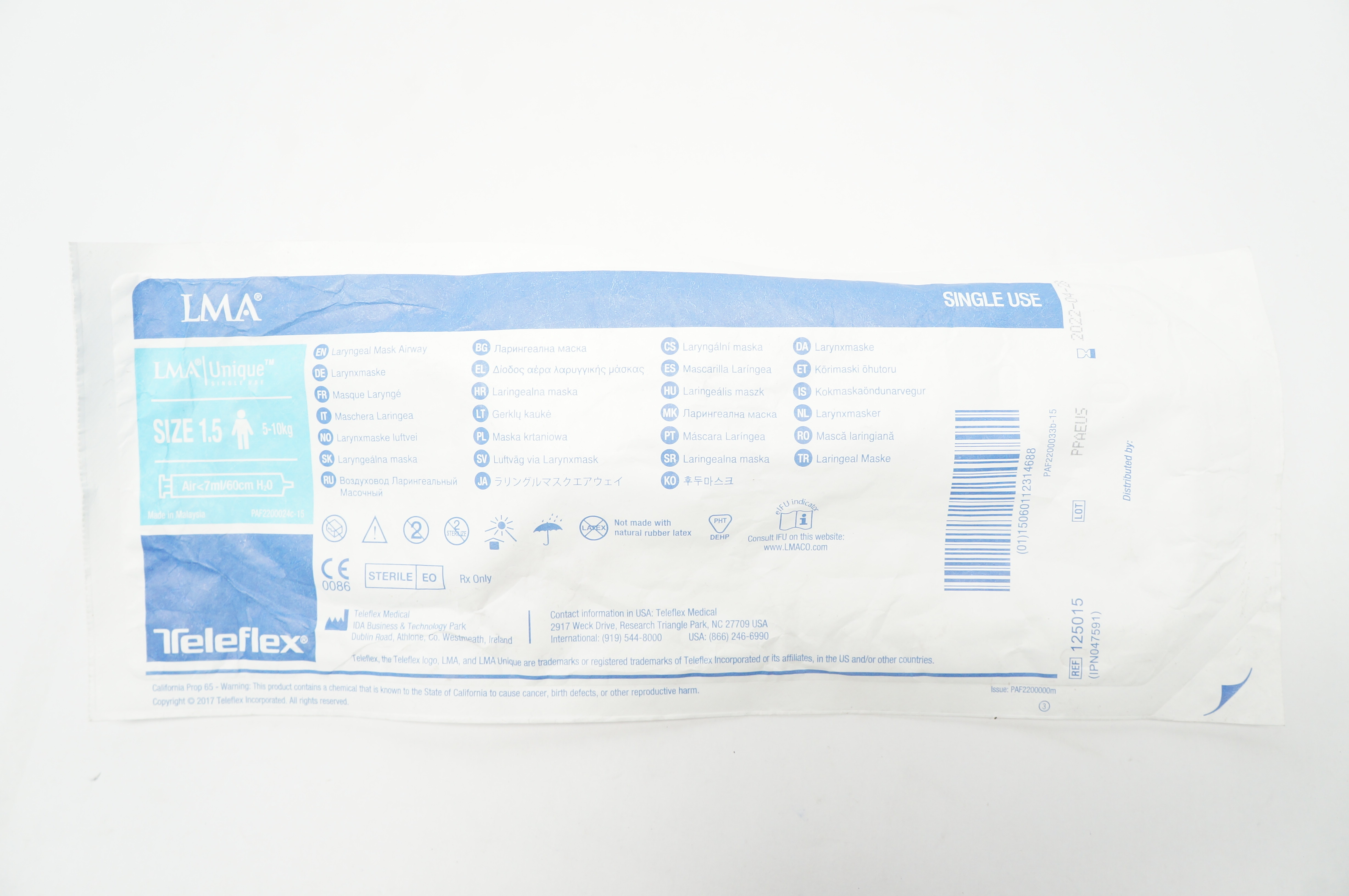 Teleflex 125015 LMA Unique Laryngeal Mask Airway, Size 1.5, 5-10kg (x)