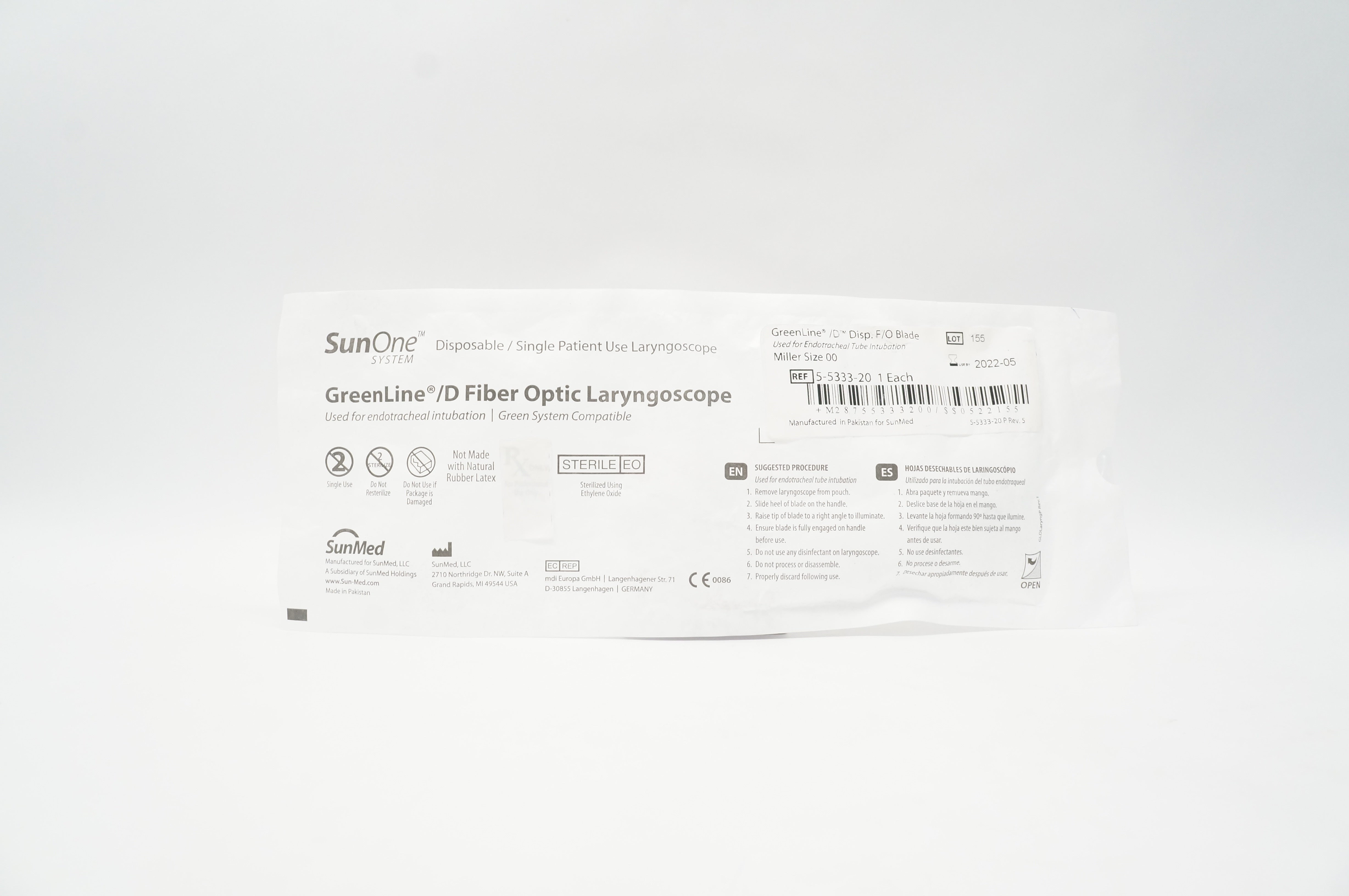 SunMed 5-5333-20 GreenLine/D Premature Fiber Optic Blade Miller Size 00 (x)
