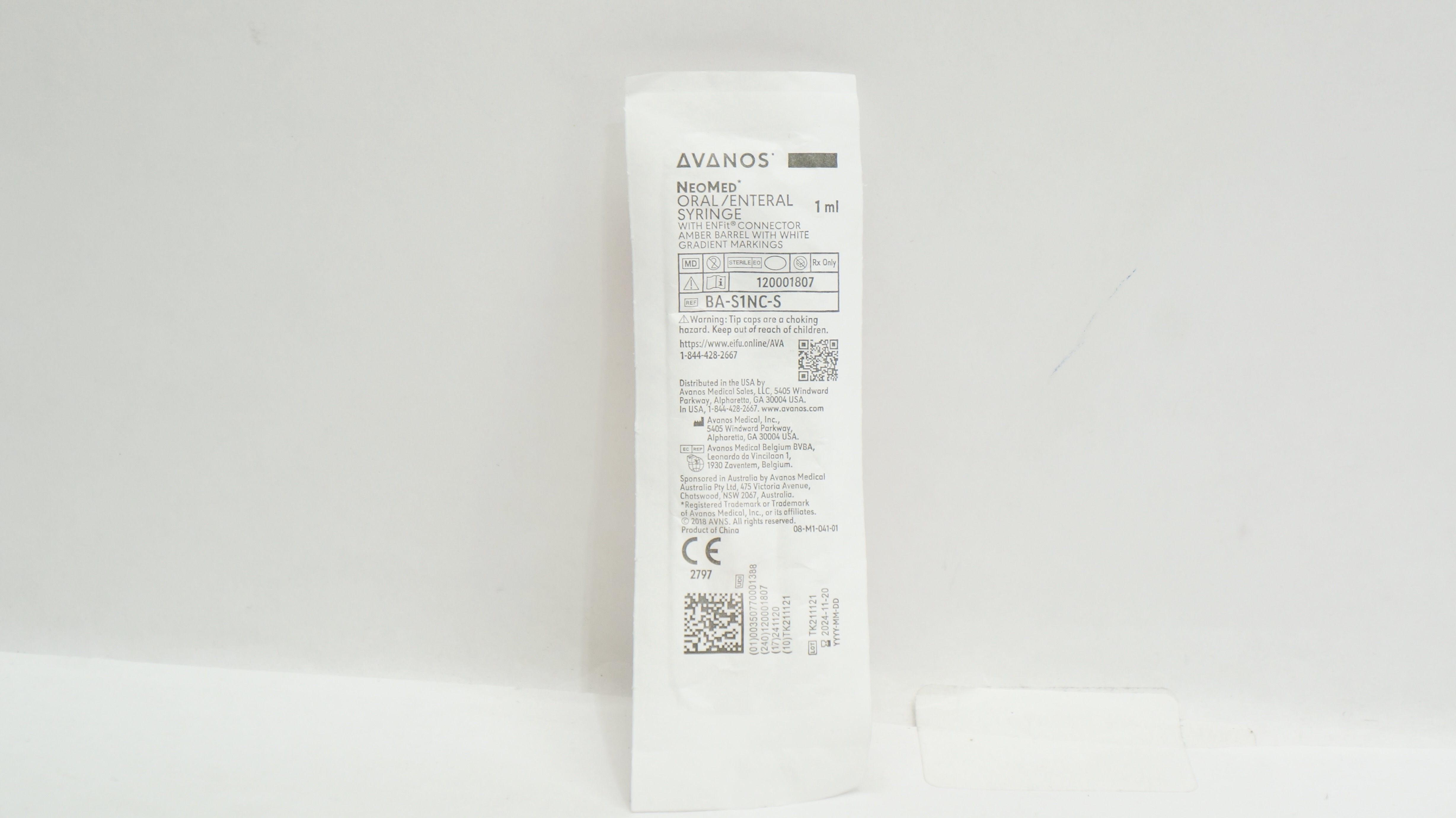 Avanos BA-S1NC-S neoMed Oral/Enteral Syringe w/ENFit Connector 1ml