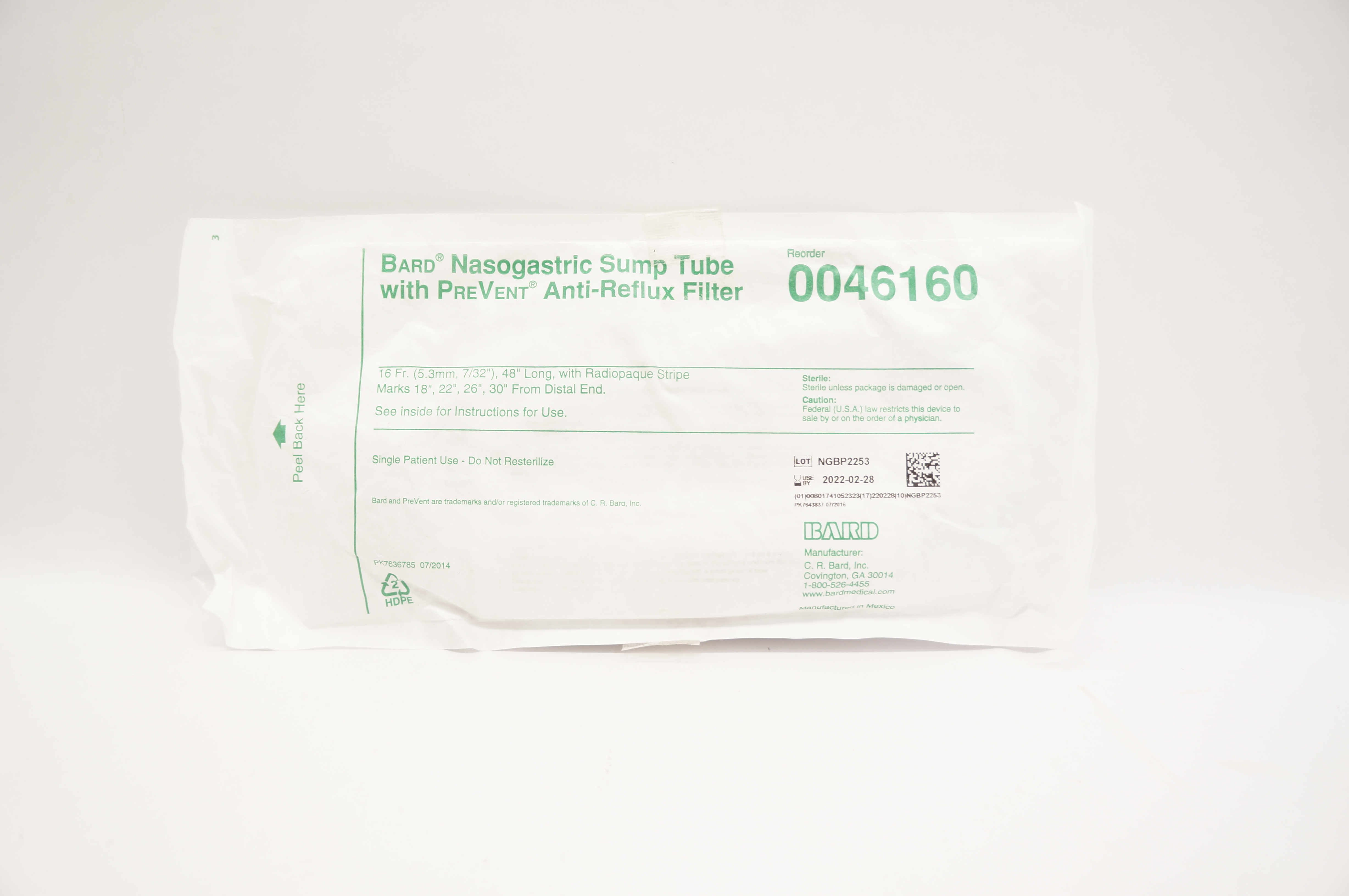 Bard 0046160 Nasogastric Sump Tube W/PreVent Anti-Reflux Filter 16Fr x 48inch(x)