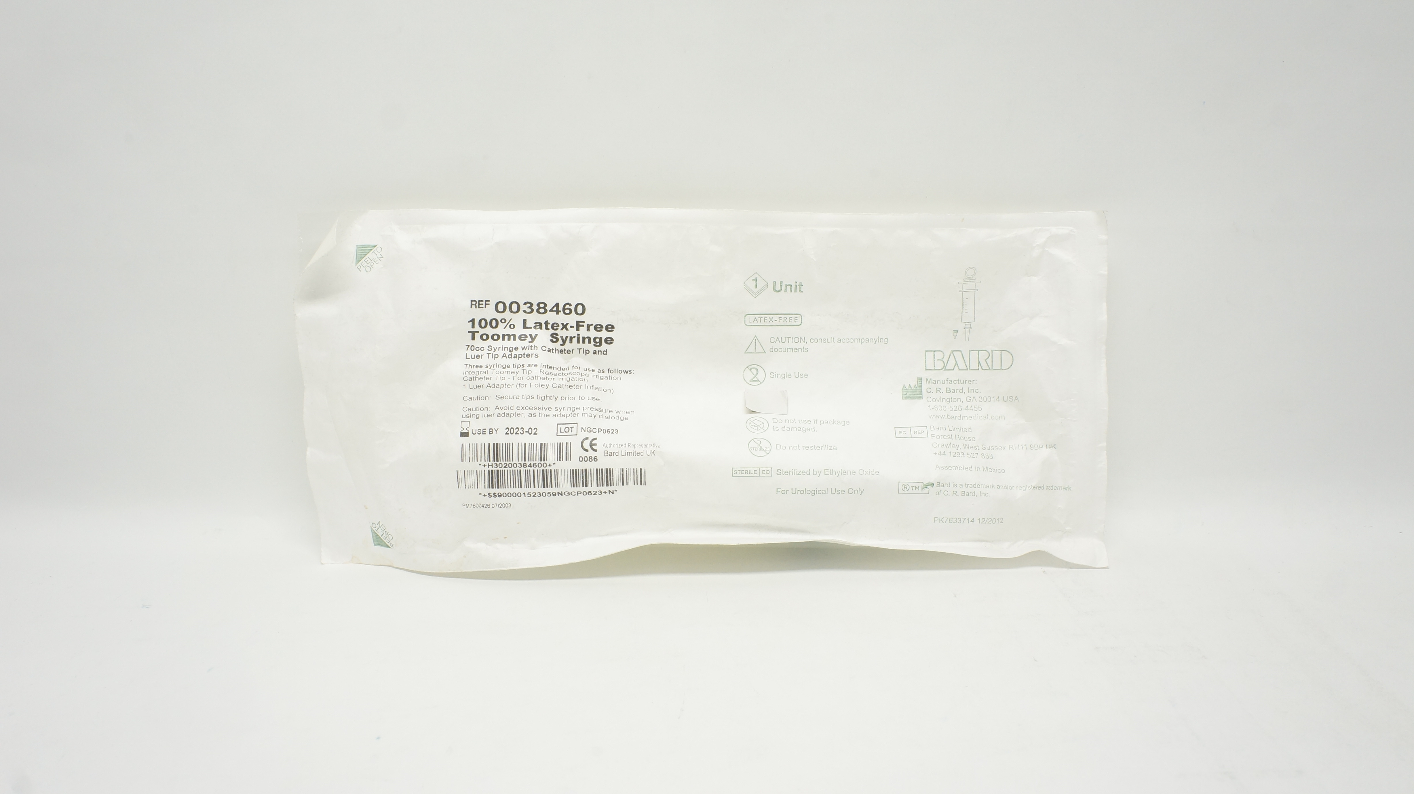 Bard 0038460 Toomey Syringe 70cc With Cath. Tip & Luer Tip Adapters