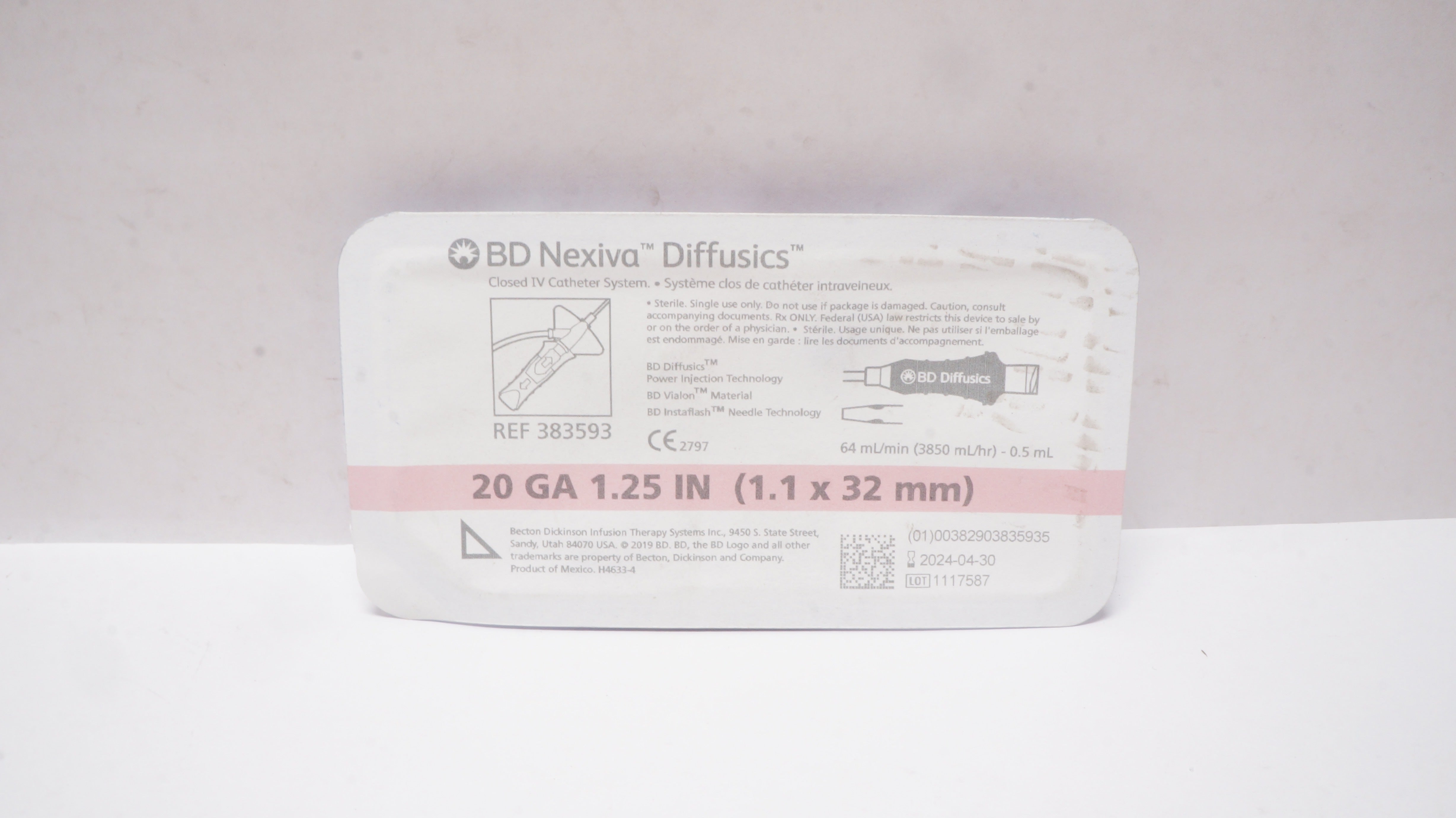 BD 383593 Nexiva Diffusics Closed IV Cath. System 20GA x 1.25inch 64mL/min