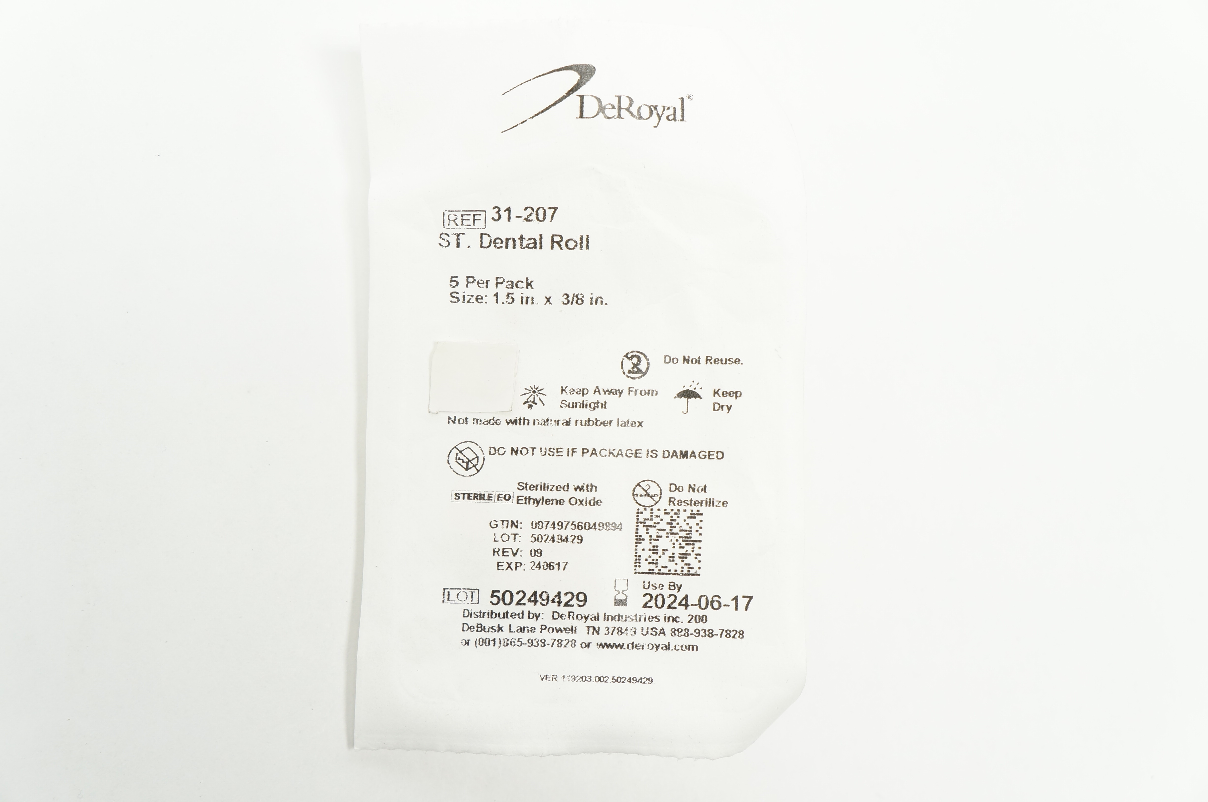 DeRoyal 31-207 ST Dental Roll Size 1.5 x 3/8inch - Pack of 5
