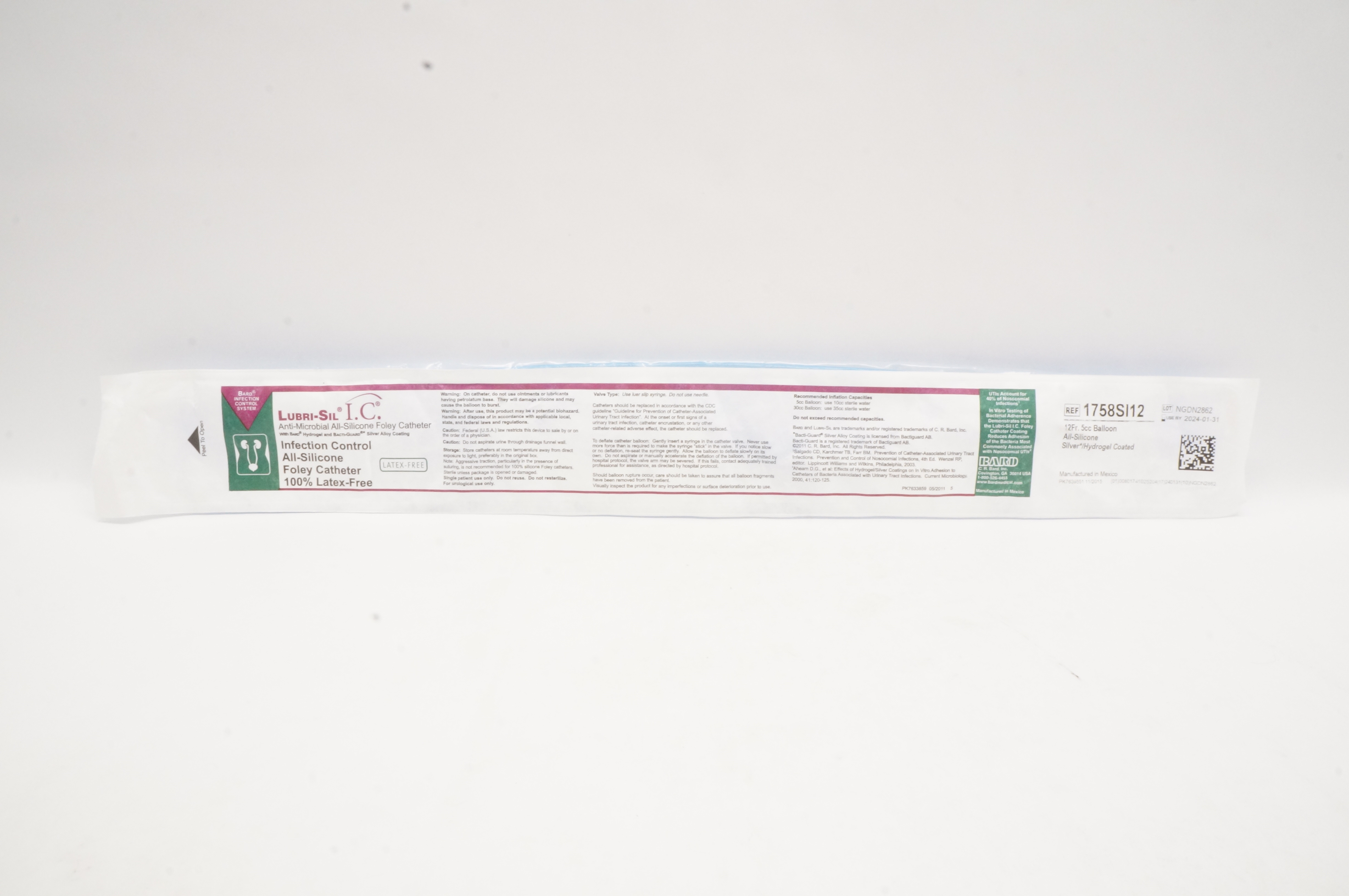Bard 1758SI12 Lubri-Sil I.C. Anti-Microbial All-Silicone Foley Cath. 12Fr