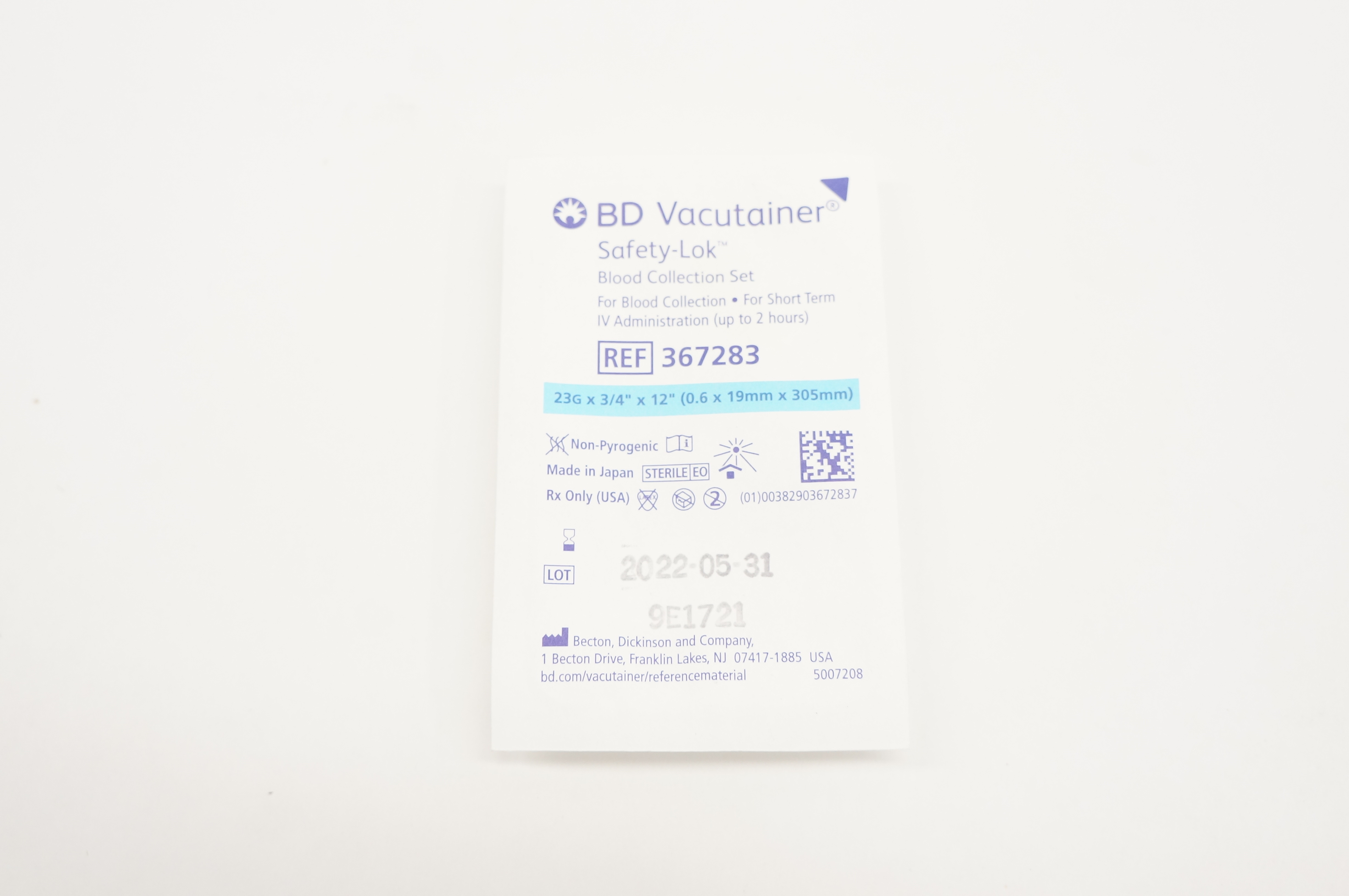 BD 367283 Vacutainer Safety-Lok Blood Collection Set 23G x 3/4inch x 12inch
