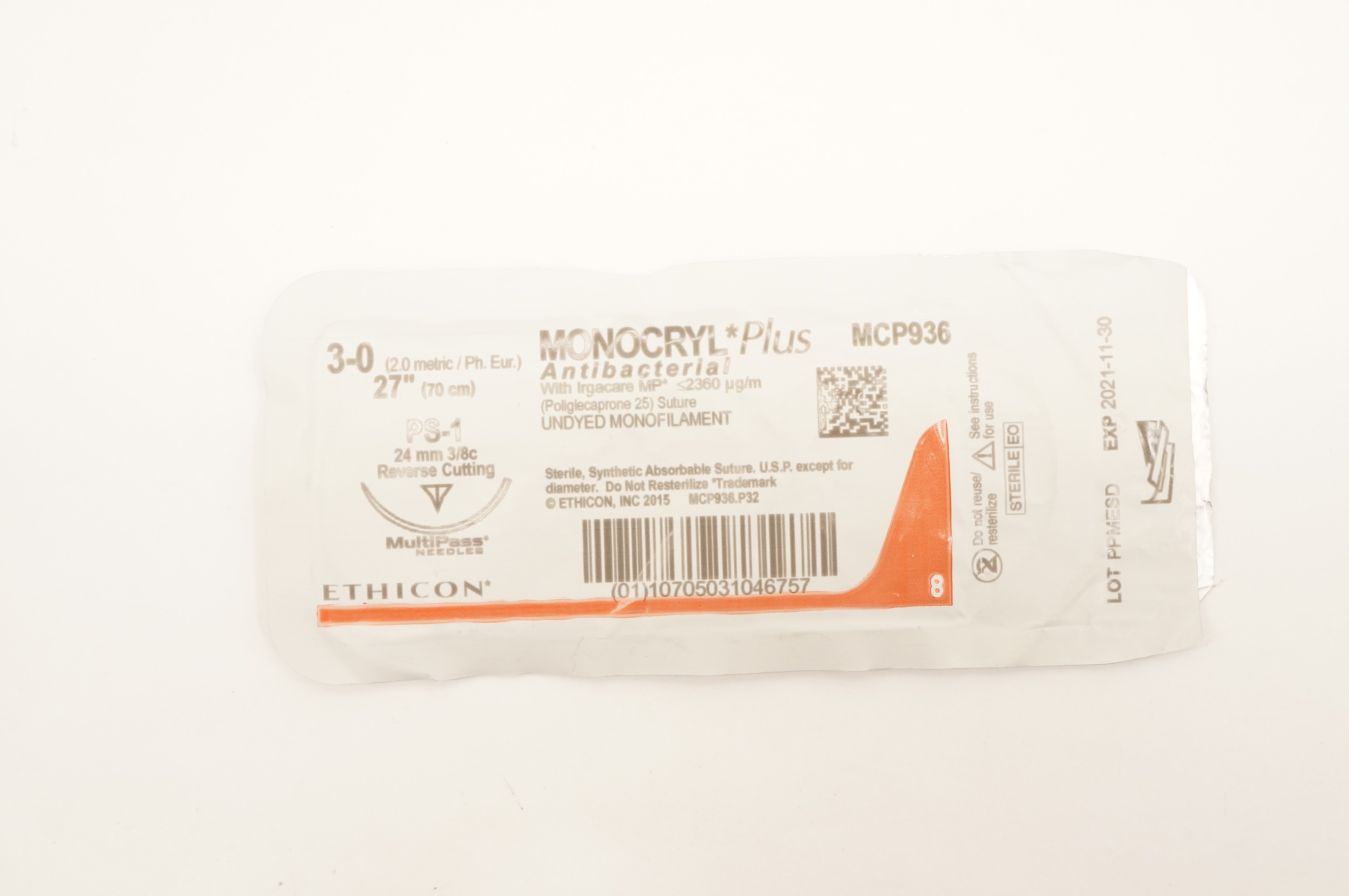 Ethicon MCP936 3-0 MONOCRYL Plus PS-1 24mm 3/8c Reverse Cutting 27inch