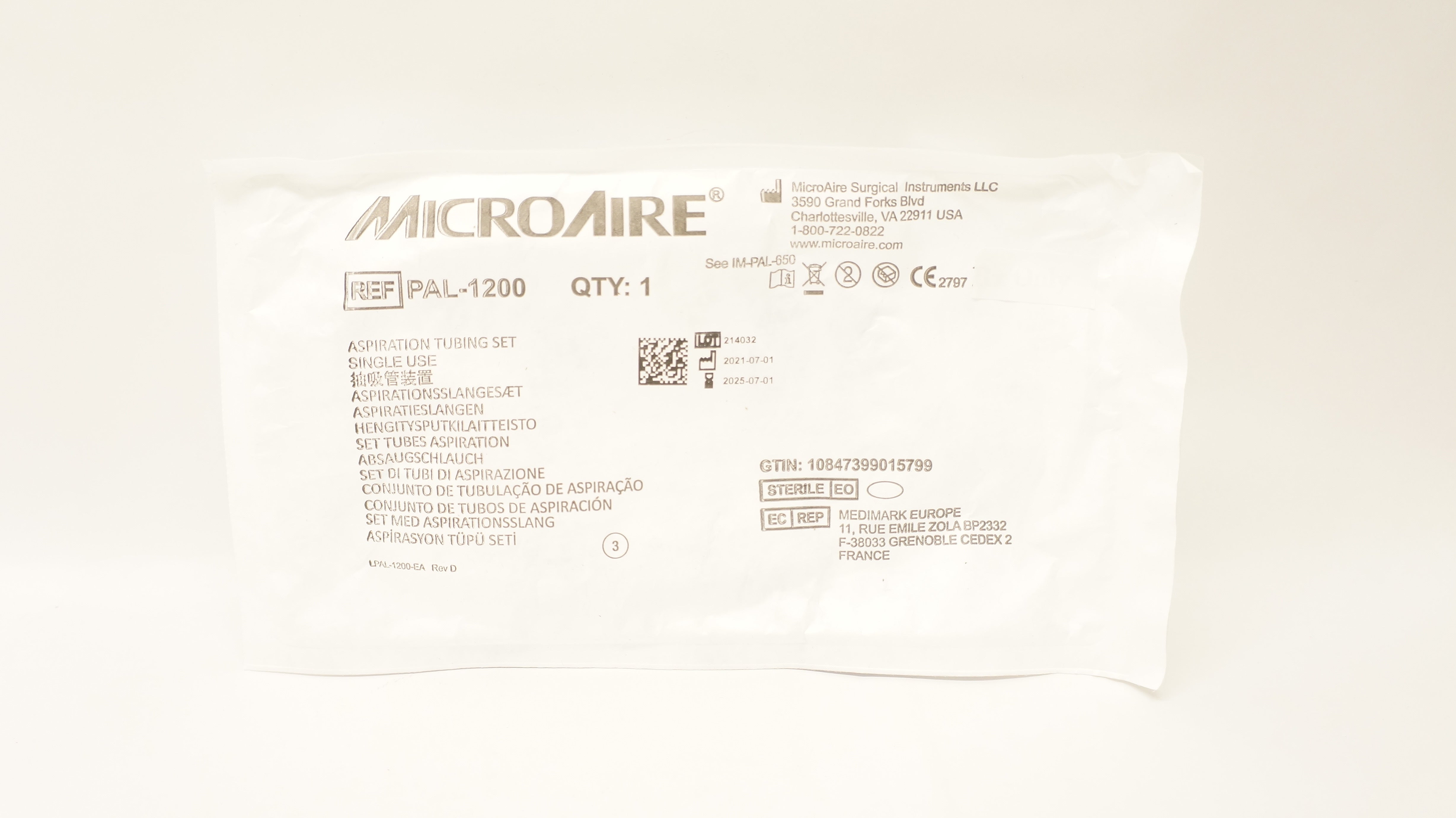 MicroAire PAL1200 Aesthetics Aspiration Tubing Set