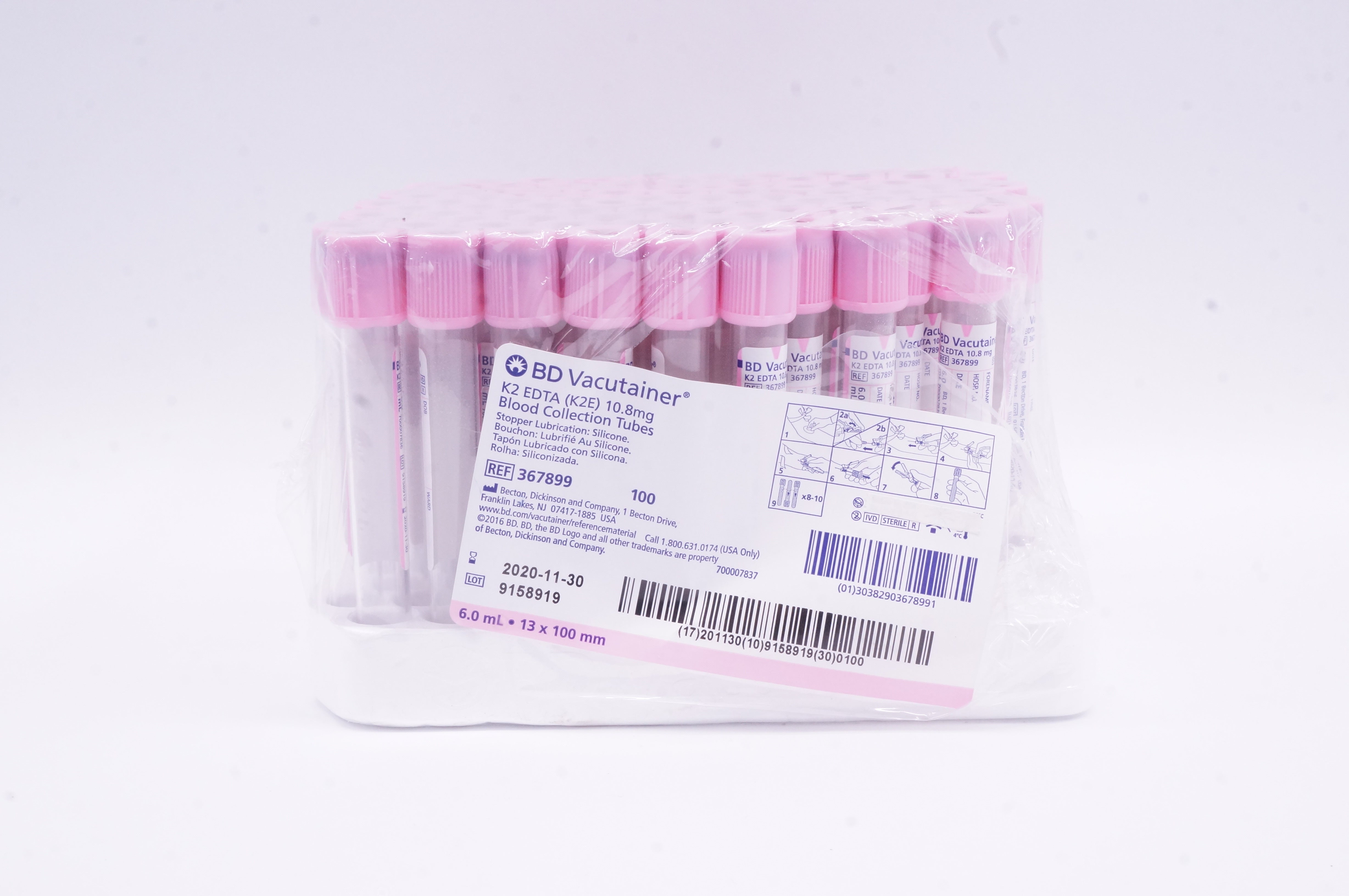 BD 367899 Vacutainer K2 EDTA Blood Collection Tubes 10.8mg (x) - Box of 93