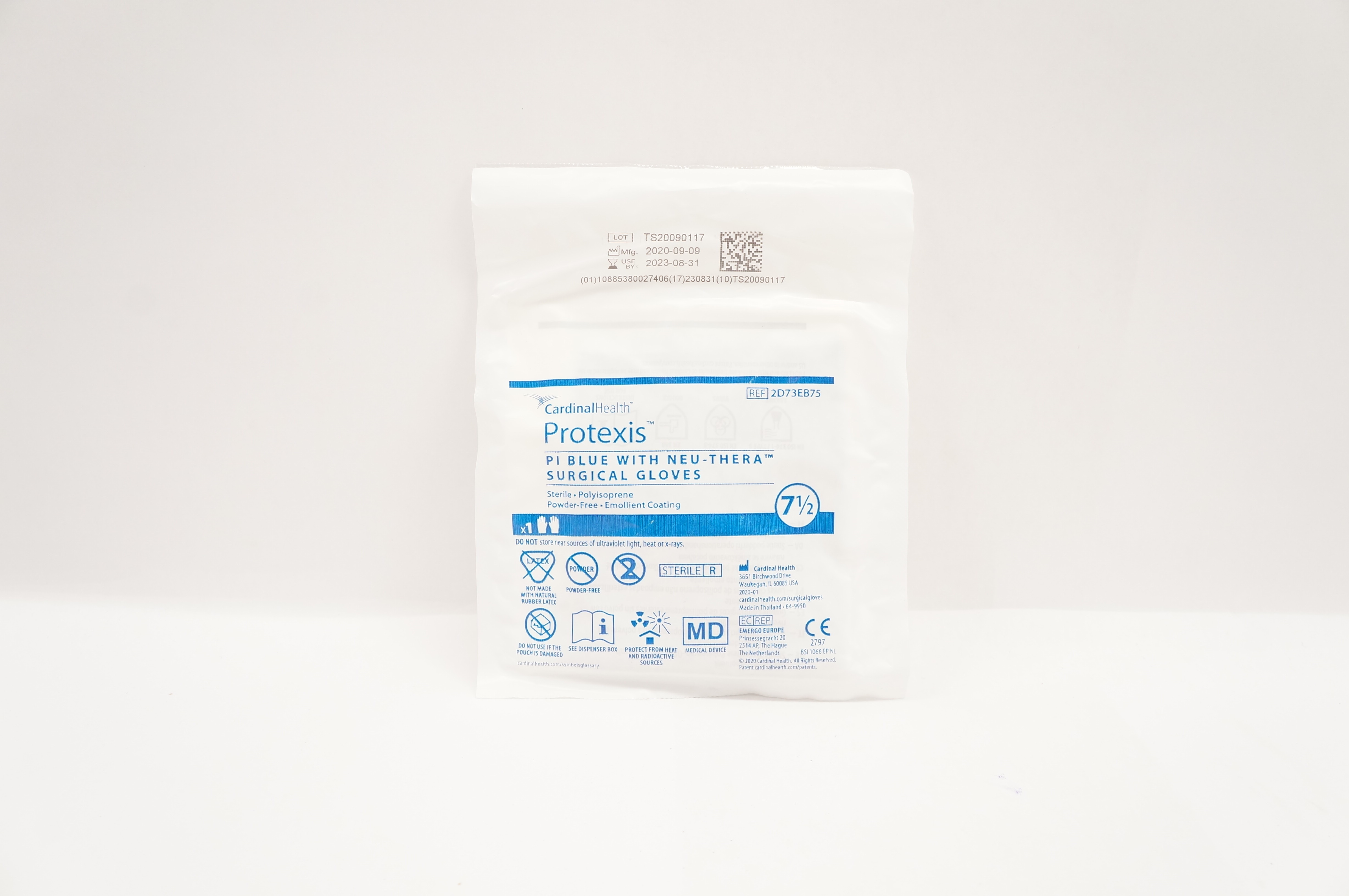 Cardinal Health 2D73EB75 Protexis PI Blue W/Neu-Thera Surgical Gloves Size 7 1/2